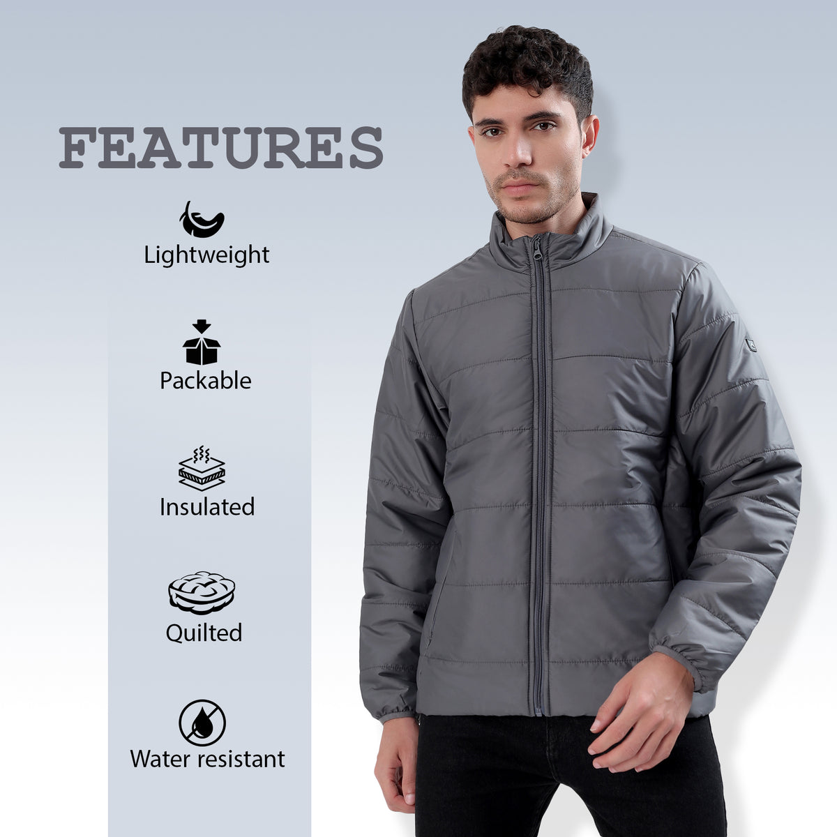 Men's Basic Winter Puffer Jacket – Water Repellent, Quilted - WH100 (Grey)-thumbmail-3