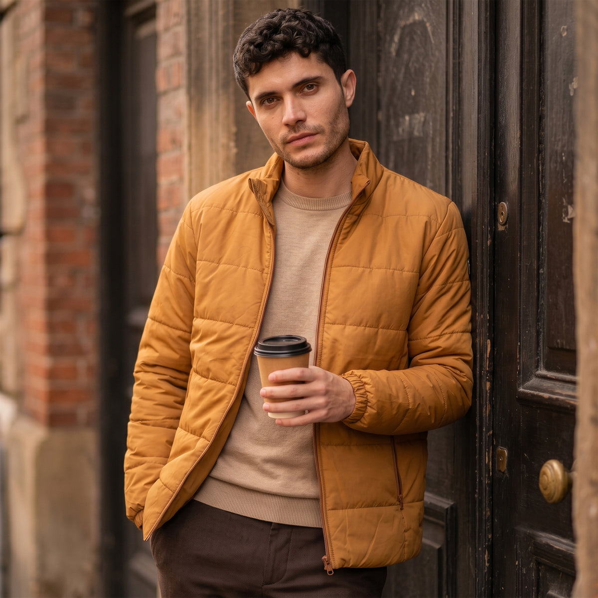 Men's Basic Winter Puffer Jacket – Water Repellent, Quilted - WH100 (Tan)-thumbmail-2