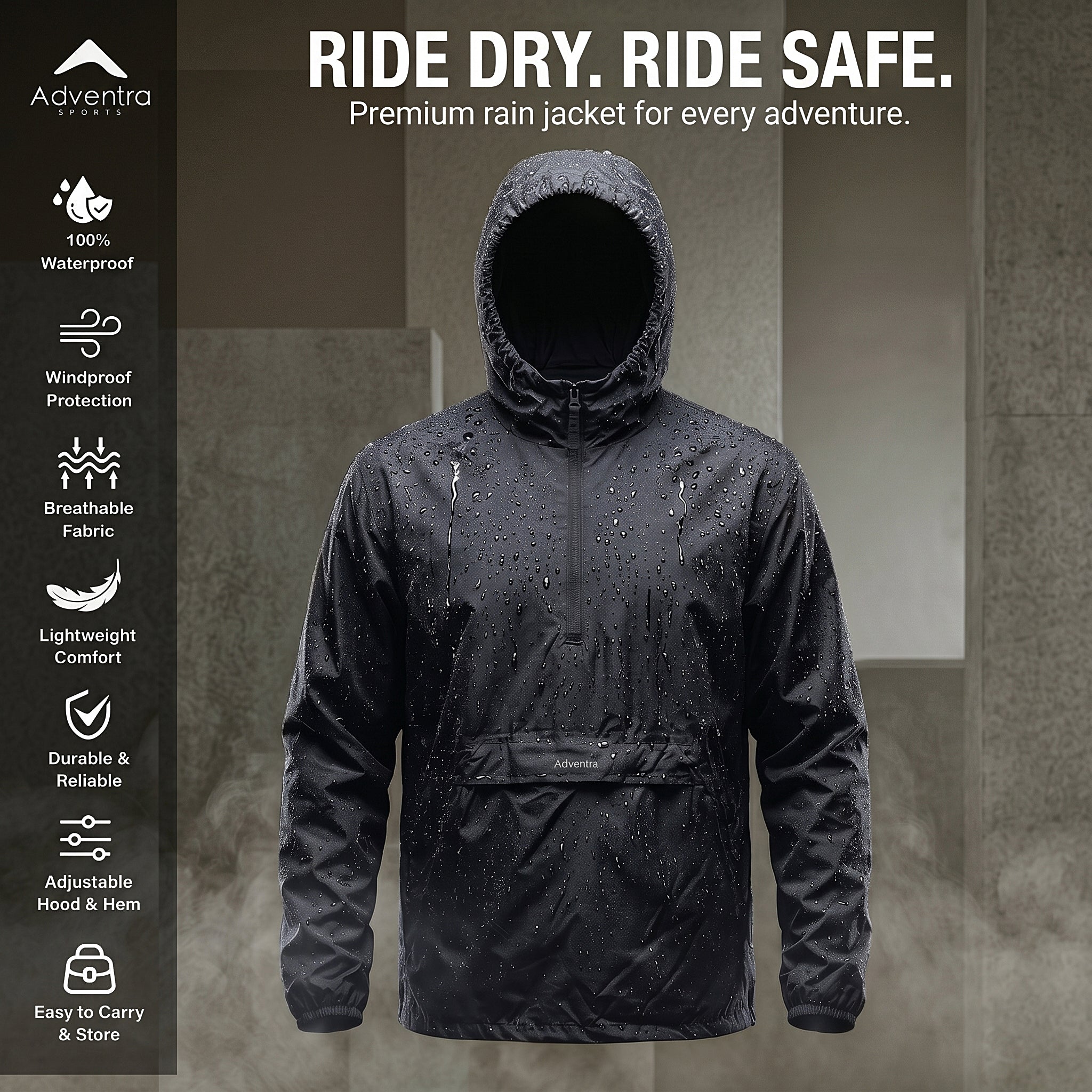 Rain Jacket with pouch, Half zip rain coat, Lightweight, Waterproof | RJ100 | Black-thumbmail-3