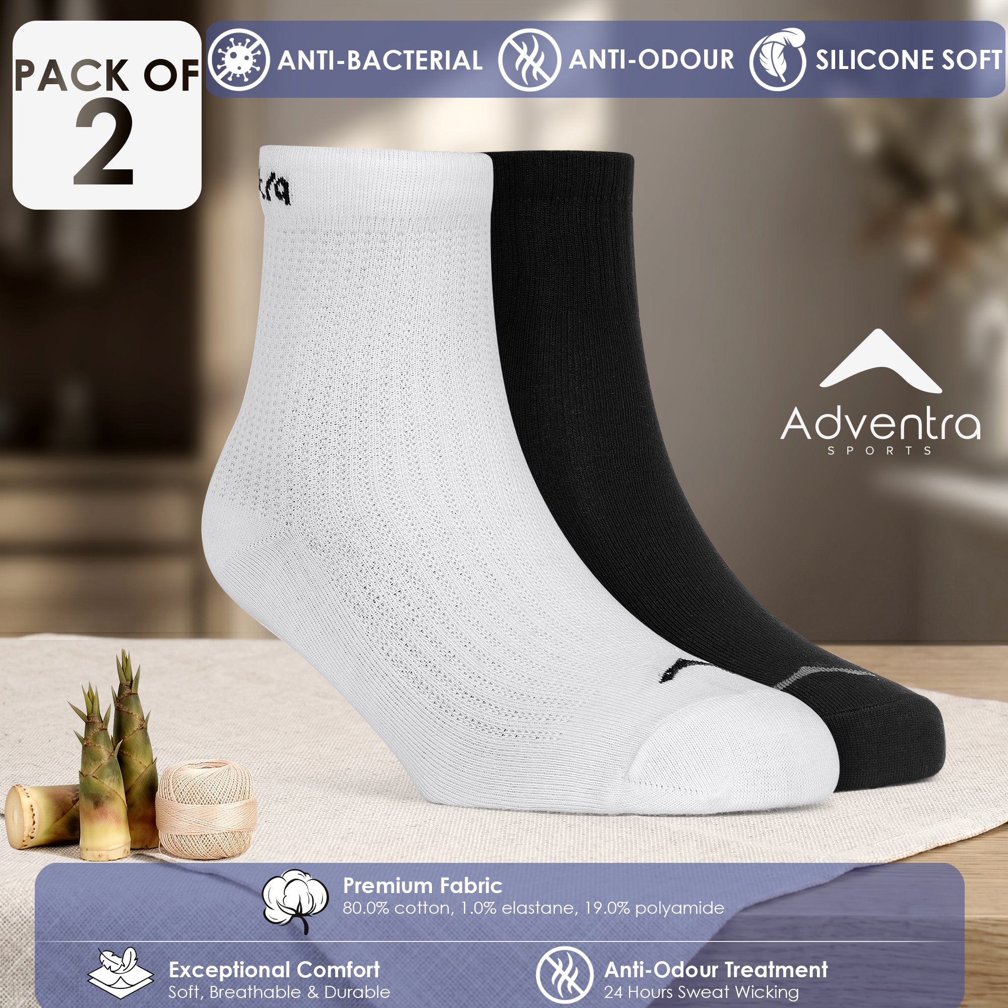 Mid Ankle Cotton Socks – Pack of 2 (ES700) – Black and White-thumbmail-2