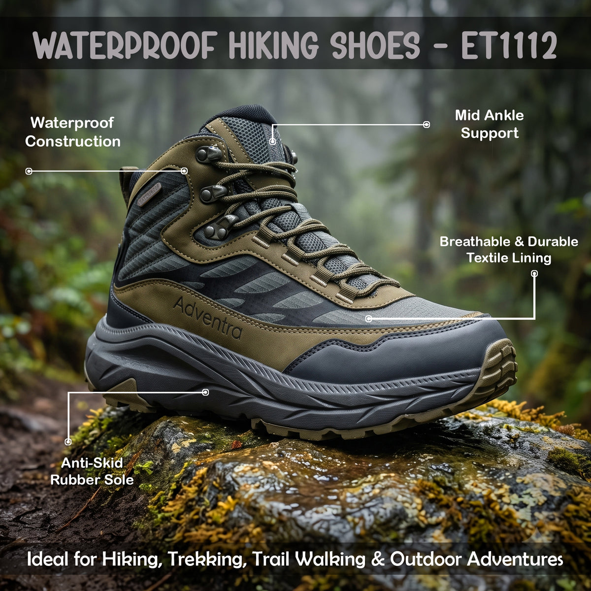 Waterproof Mid Ankle Hiking Shoes with Anti-Skid Rubber Sole (ET1112) - Grey-thumbmail-3