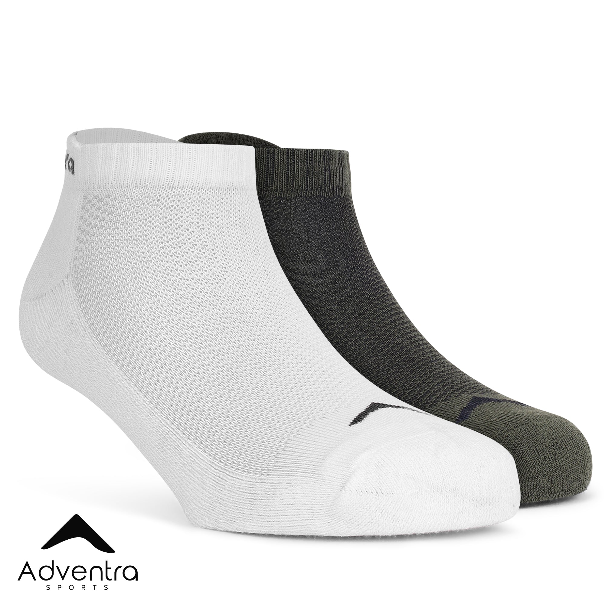 Low Ankle Cotton Socks – Pack of 2 (ES400) – White and Olive-thumbmail-1