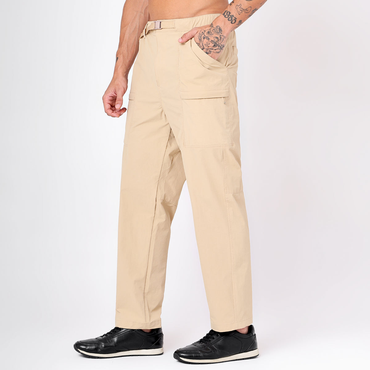 Men's Lightweight Long Pants with Buckle Belt (EH970) Beige-thumbmail-2