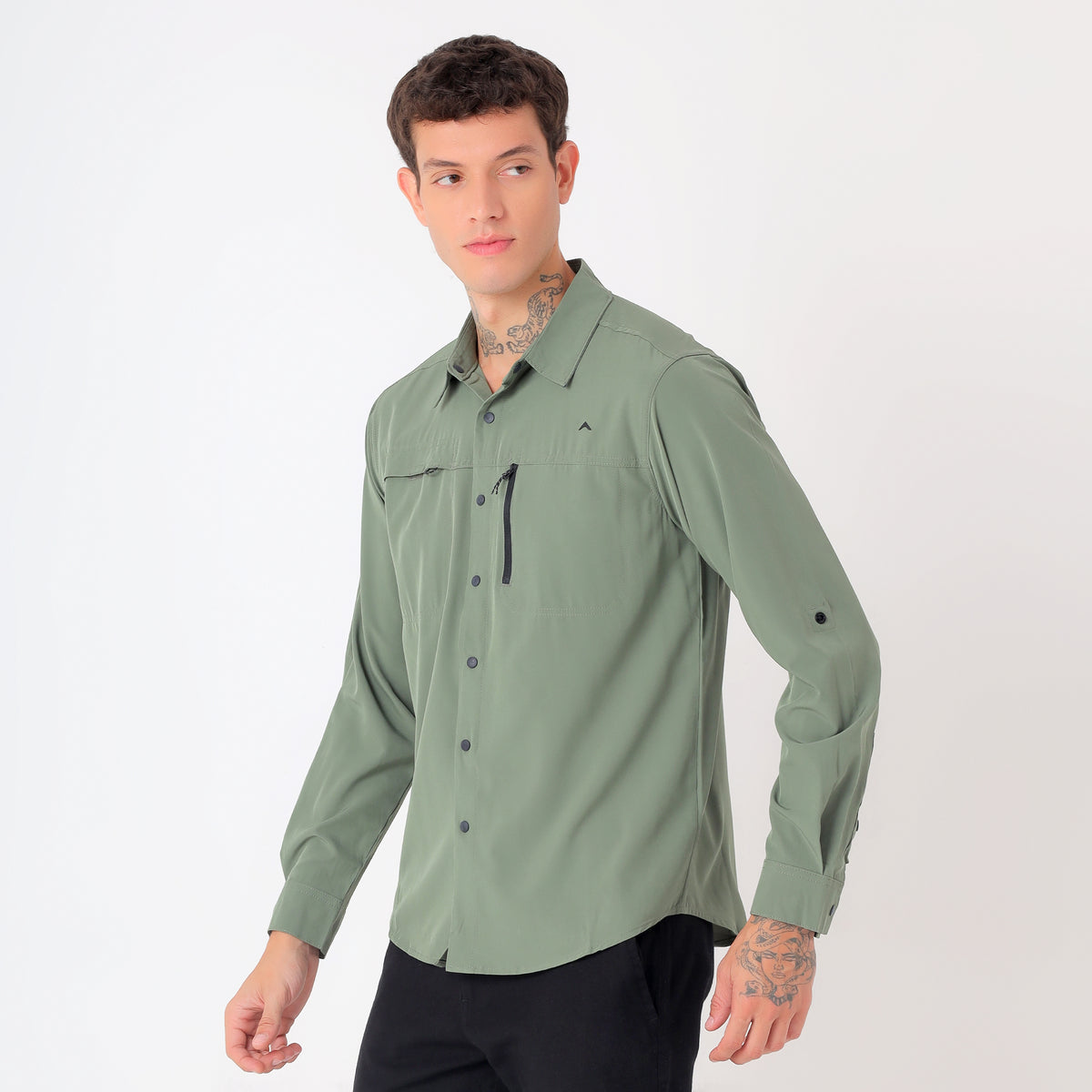 Men's 4-Way Stretch Travel Shirt | Lightweight Full Sleeve Outdoor Shirt for Hiking, Trekking & Travel | EV500 Olive-thumbmail-3