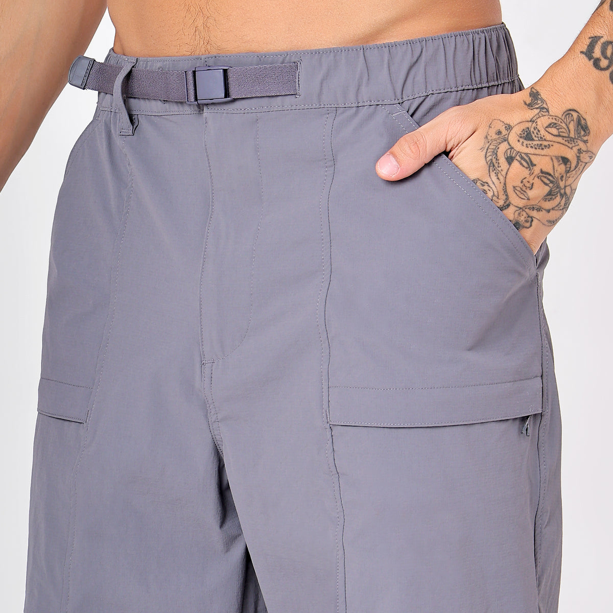 Men's Lightweight Long Pants with Buckle Belt (EH970) Grey-thumbmail-4