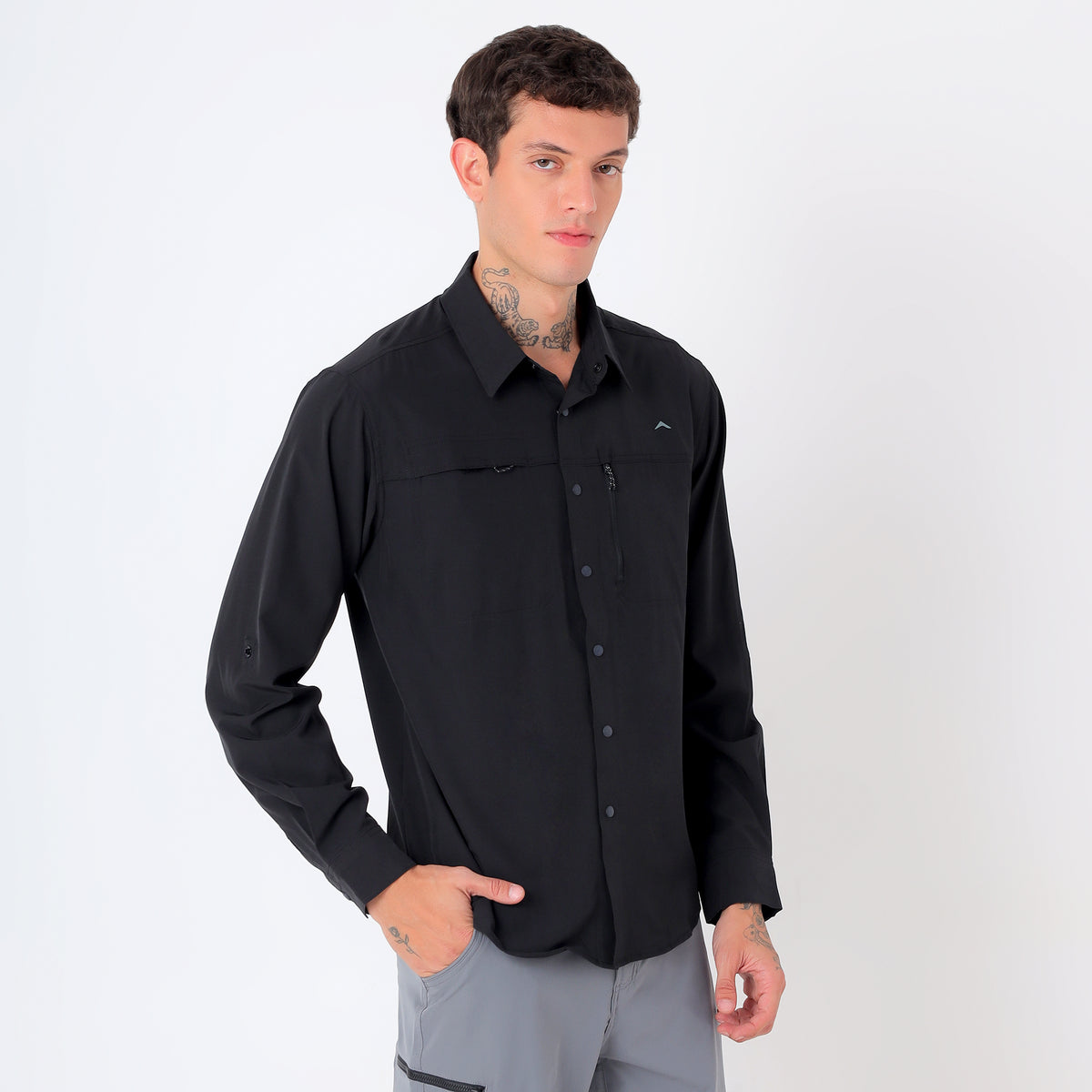 Men's 4-Way Stretch Travel Shirt | Lightweight Full Sleeve Outdoor Shirt for Hiking, Trekking & Travel | EV500 Black-thumbmail-4
