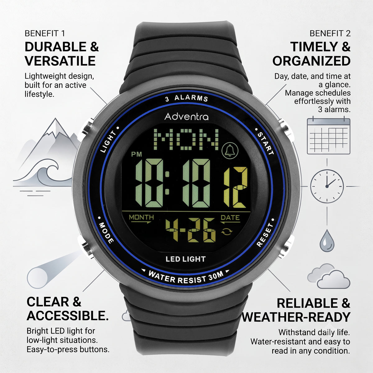 Adventra Outdoor Adventure Digital Sports Watch | Black | ADW100-thumbmail-4