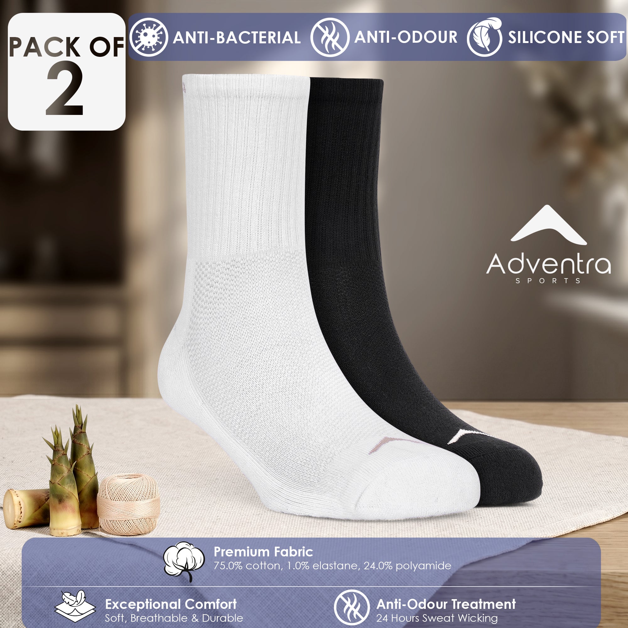 High Ankle Socks - Pack of 2 (ES500) - Black and White-thumbmail-2