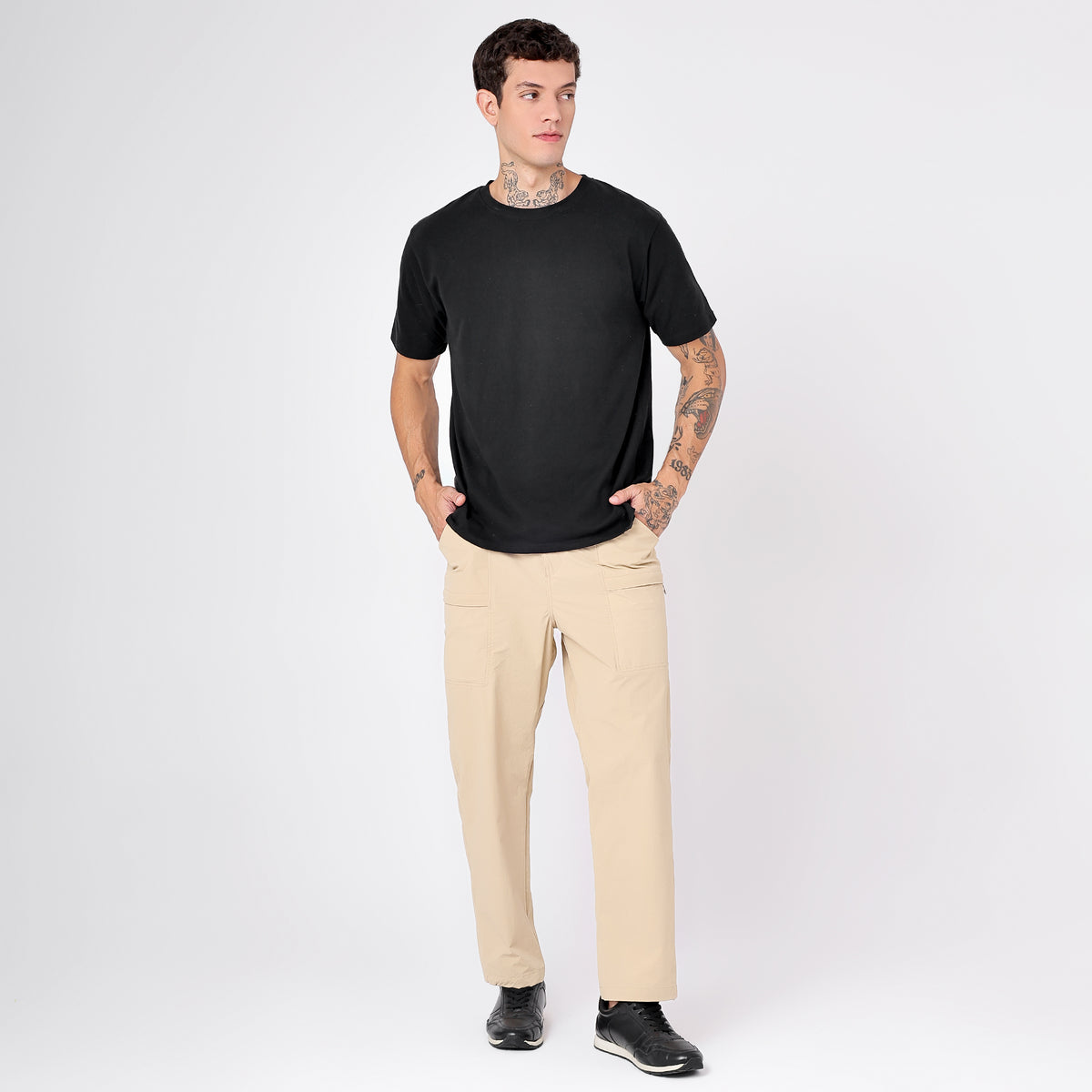 Men's Lightweight Long Pants with Buckle Belt (EH970) Beige-thumbmail-5