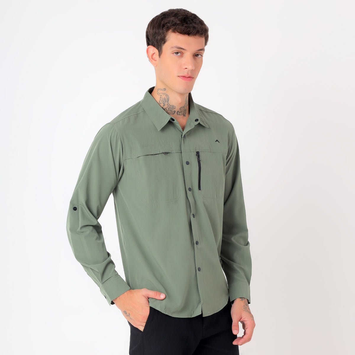 Men's 4-Way Stretch Travel Shirt | Lightweight Full Sleeve Outdoor Shirt for Hiking, Trekking & Travel | EV500 Olive-thumbmail-4