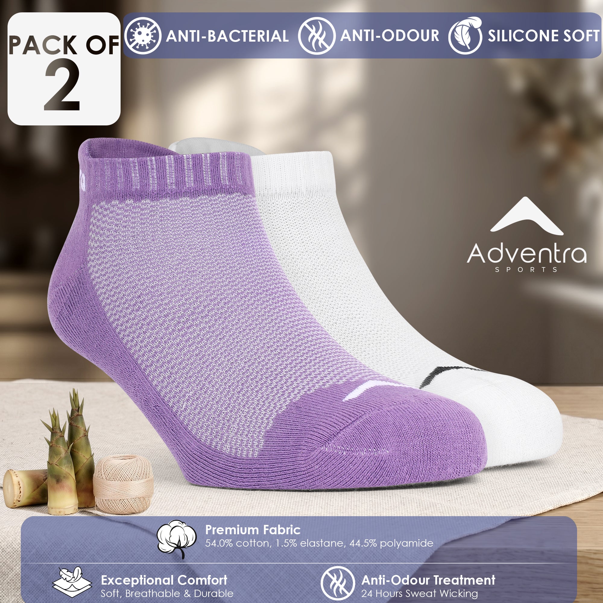 Low Ankle Cotton Socks for women – Pack of 2 (ES300) – White and Purple-thumbmail-2