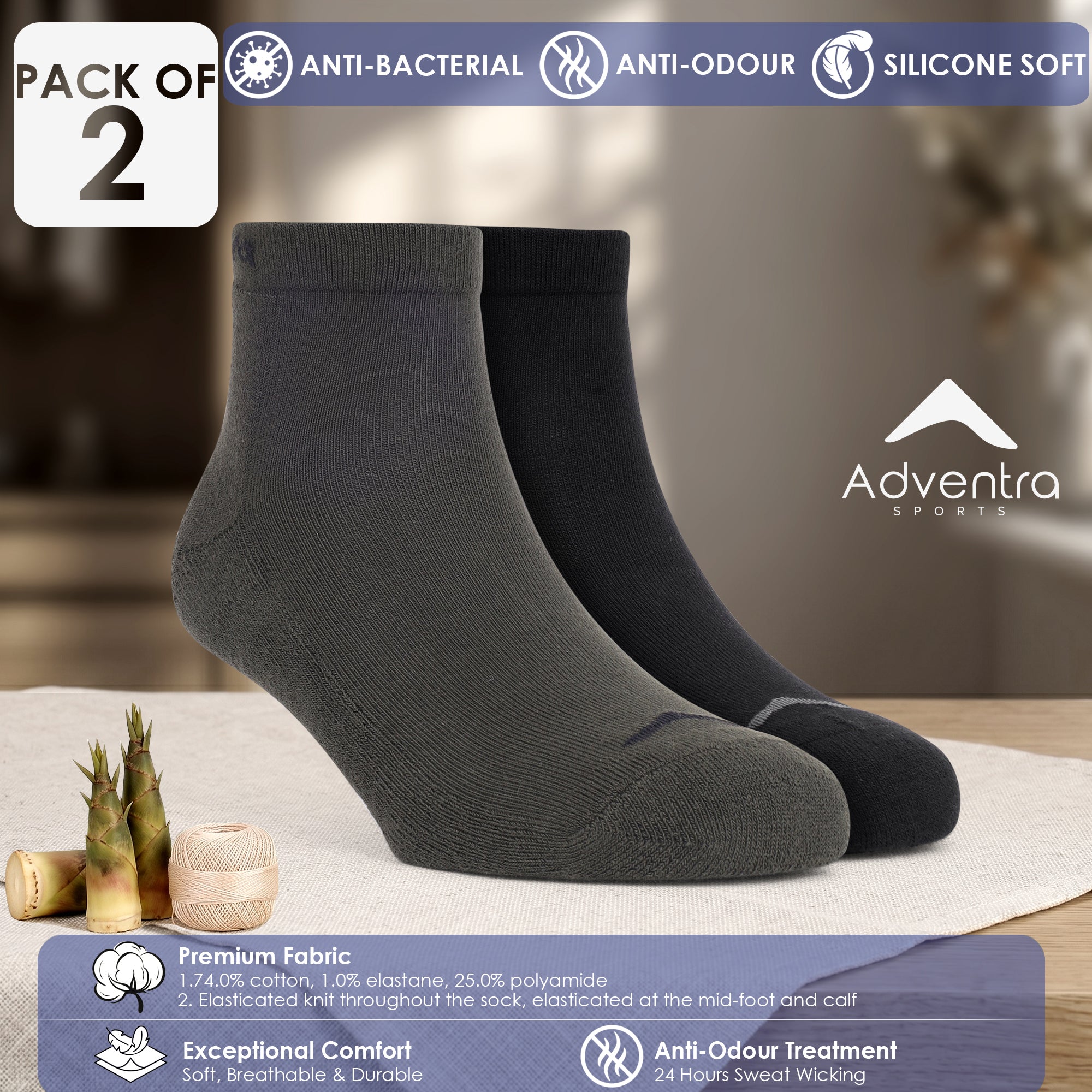 Low Ankle Cotton Socks – Pack of 2 (ES500) – Olive and Black-thumbmail-2