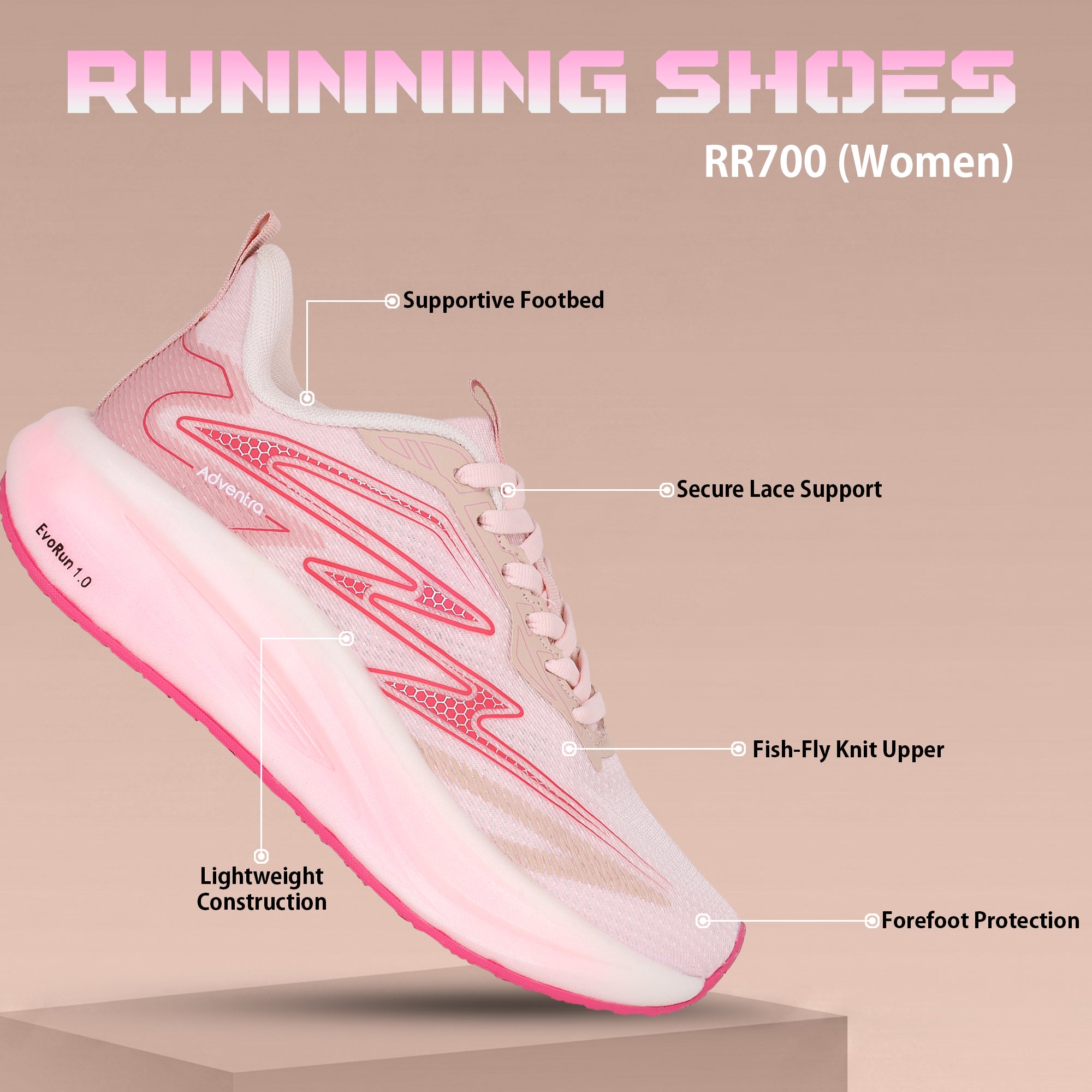Lightweight Running Shoes for Women - Walking, Sports & Gym (RR700) – White-Pink-thumbmail-2