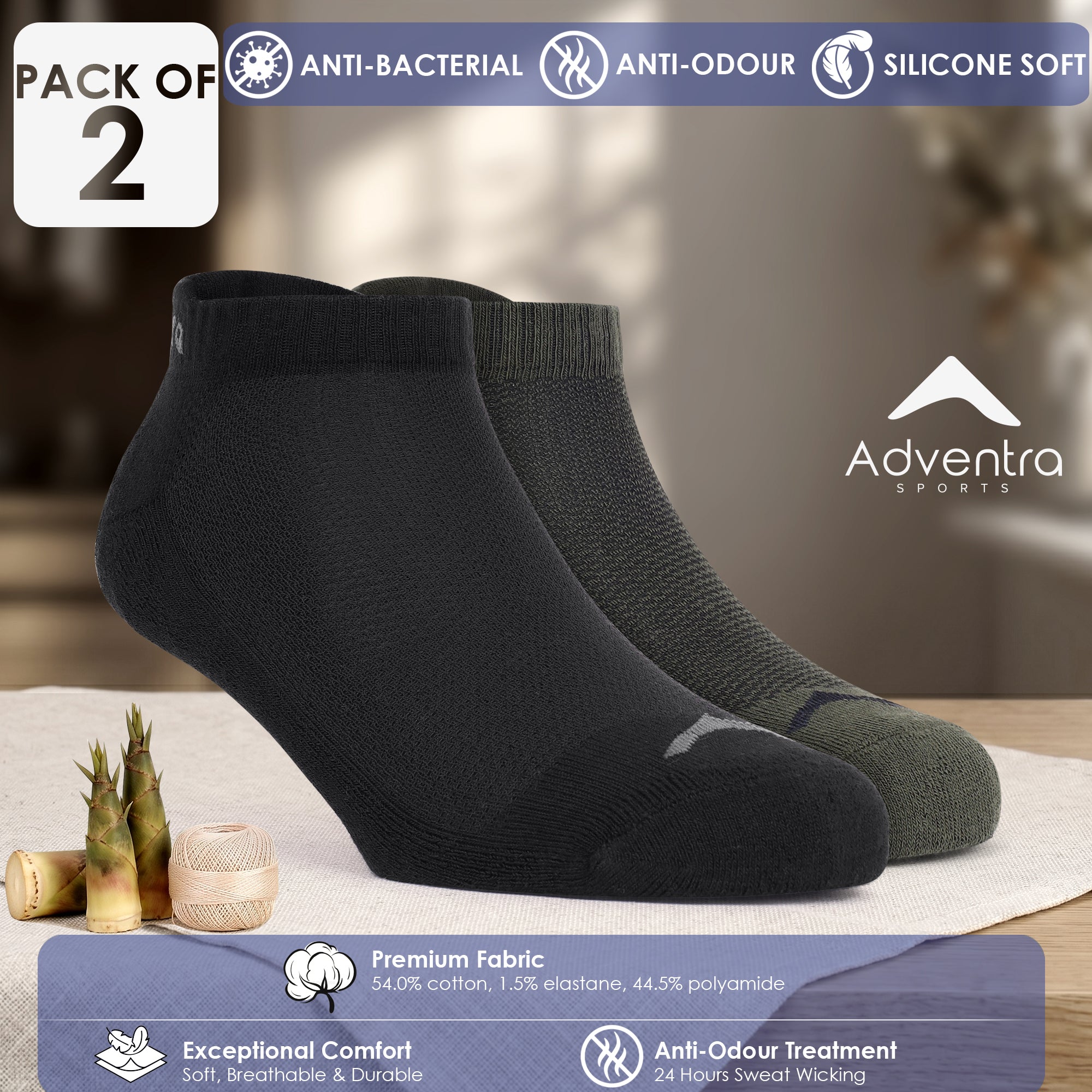 Low Ankle Cotton Socks – Pack of 2 (ES400) – Black and Olive-thumbmail-2