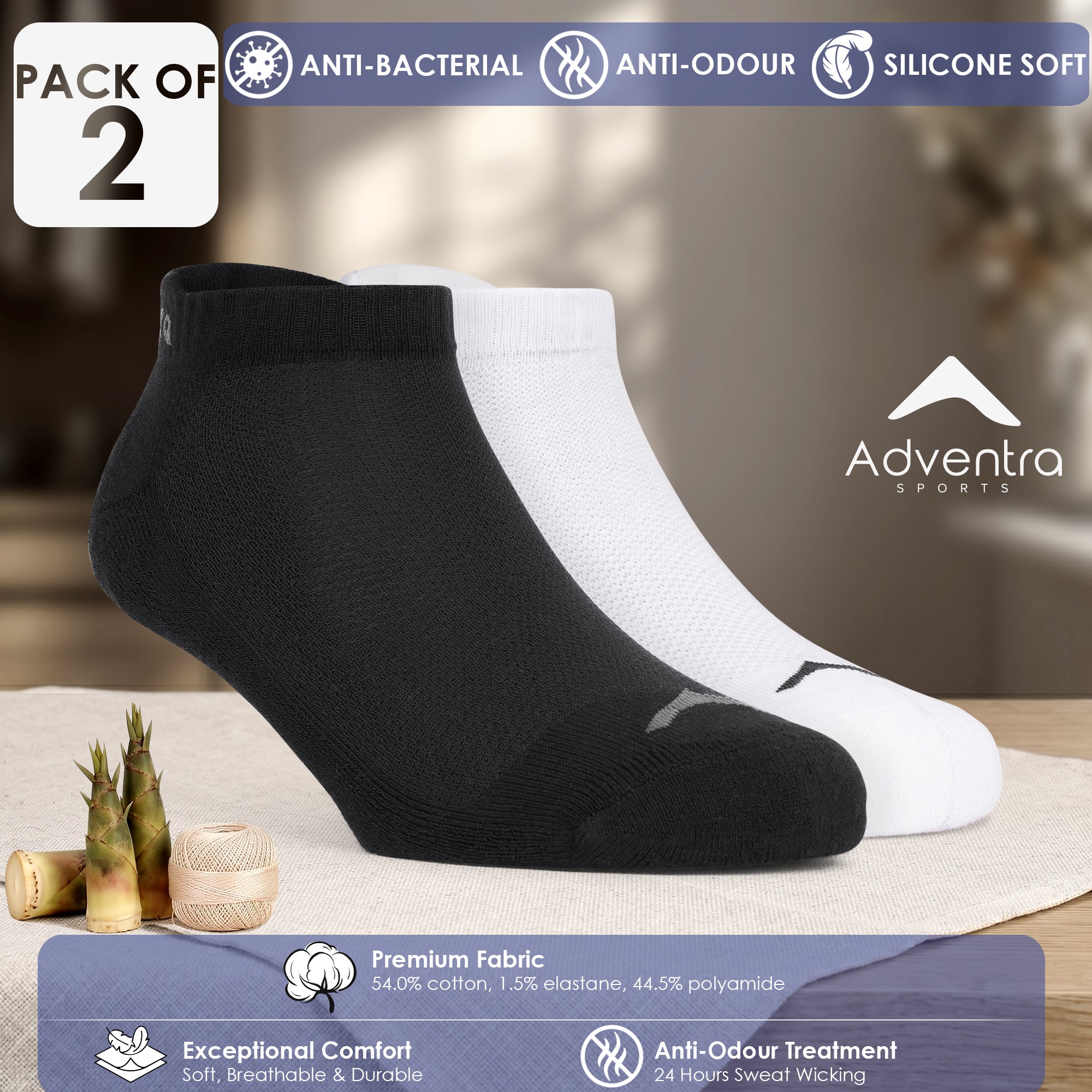 Low Ankle Cotton Socks – Pack of 2 (ES400) – White and Black-thumbmail-2