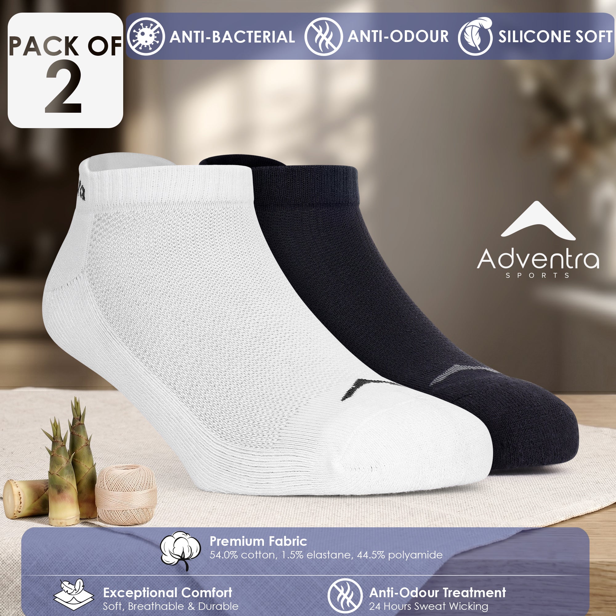Adventra Women Low Ankle Cotton Socks - 2 Pairs | Unisex | ES300 | Black-White-thumbmail-2