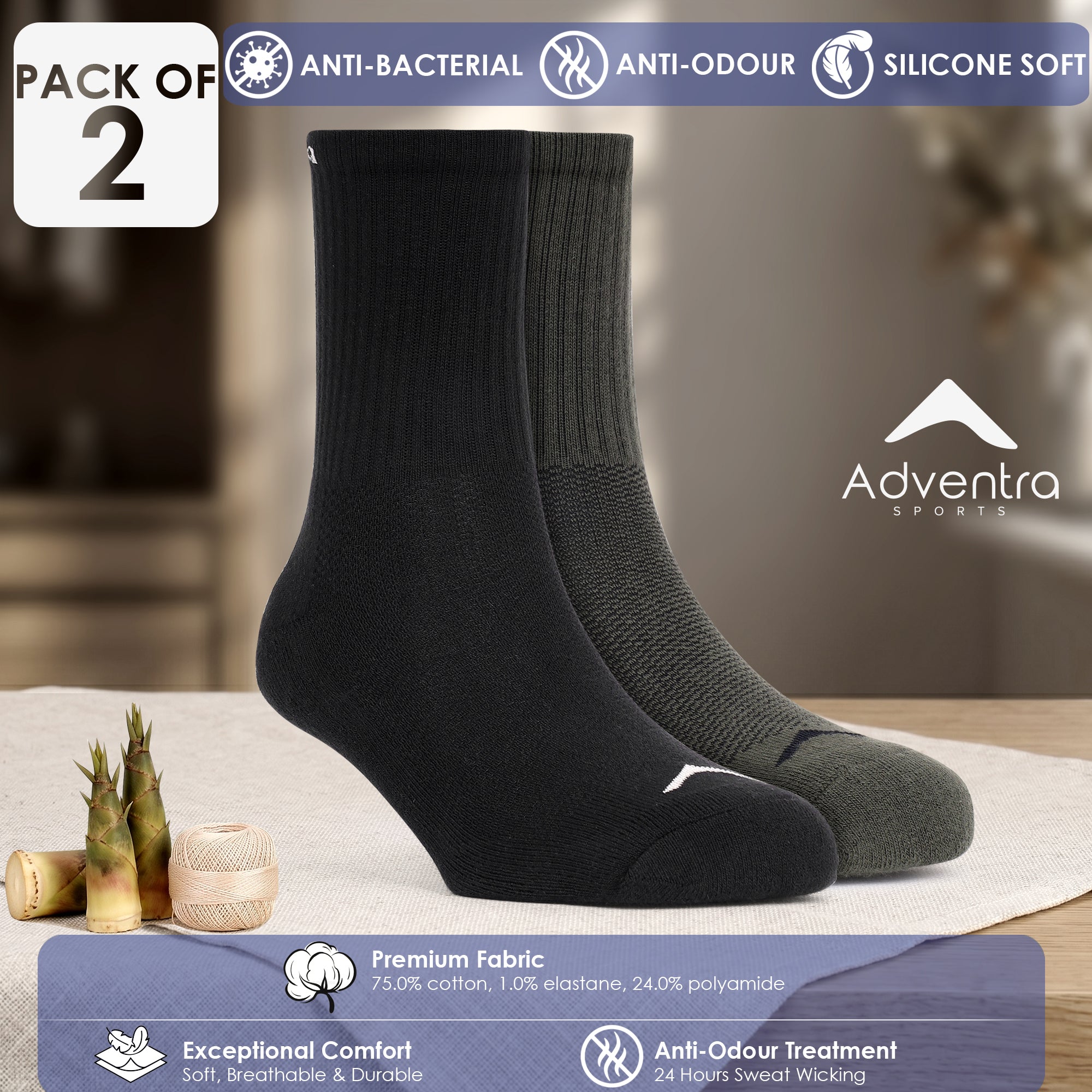 High Ankle Socks - Pack of 2 (ES500) - Black and Olive-thumbmail-2