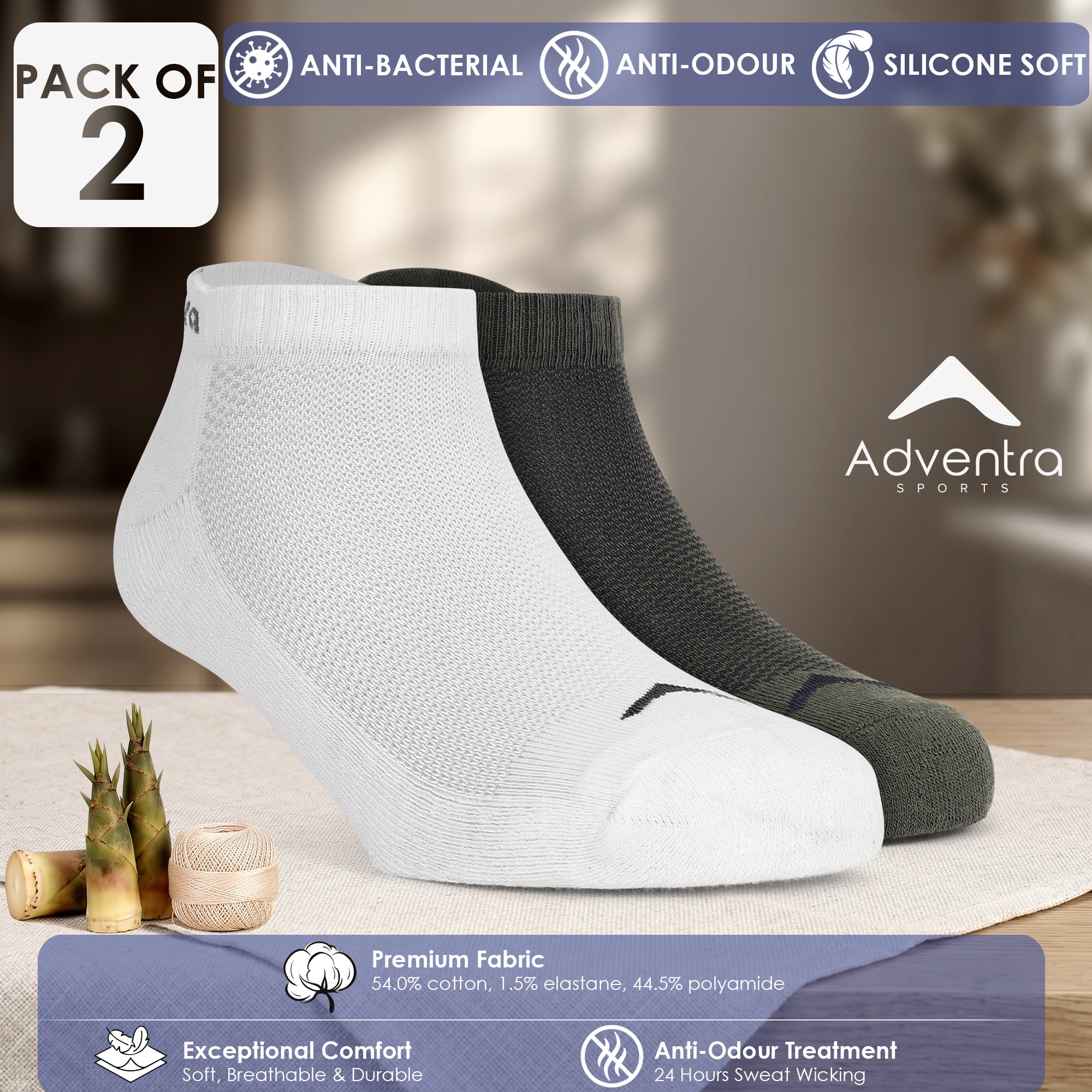Low Ankle Cotton Socks – Pack of 2 (ES400) – White and Olive-thumbmail-7