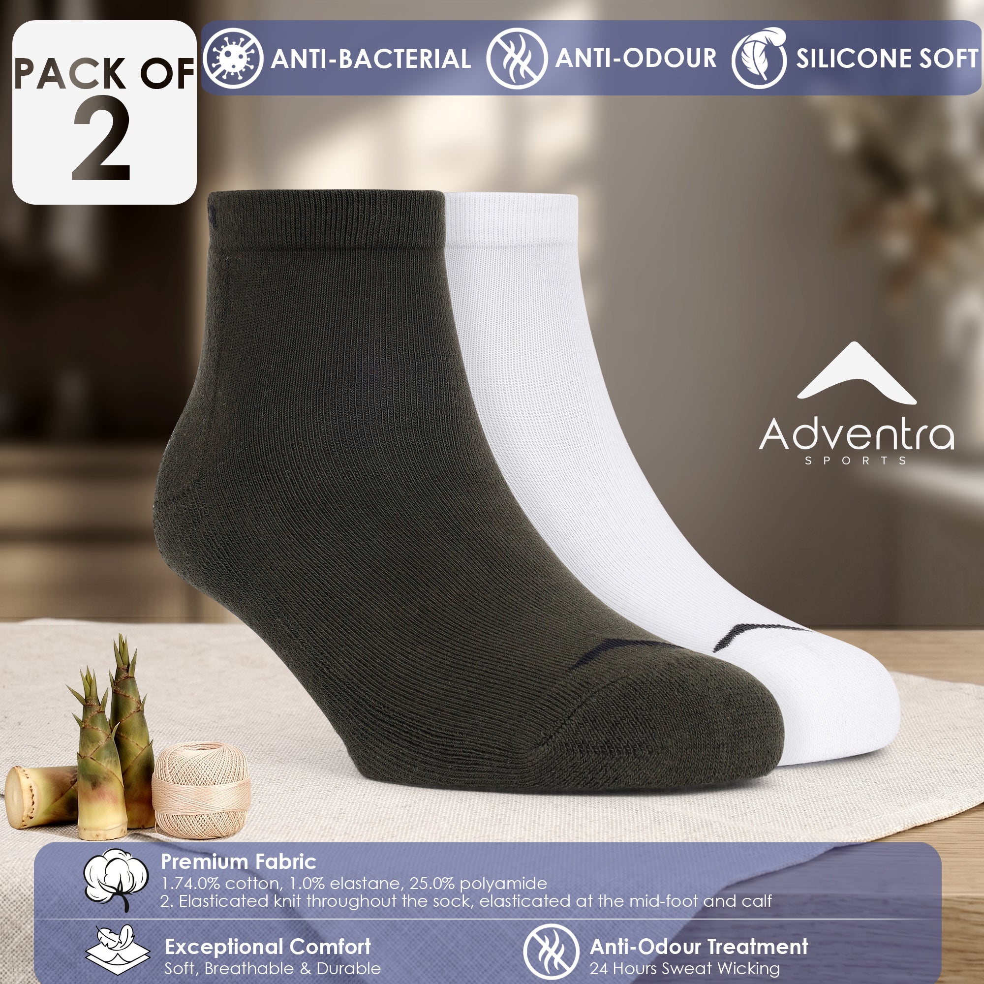 Low Ankle Cotton Socks – Pack of 2 (ES500) – Olive and White-thumbmail-3