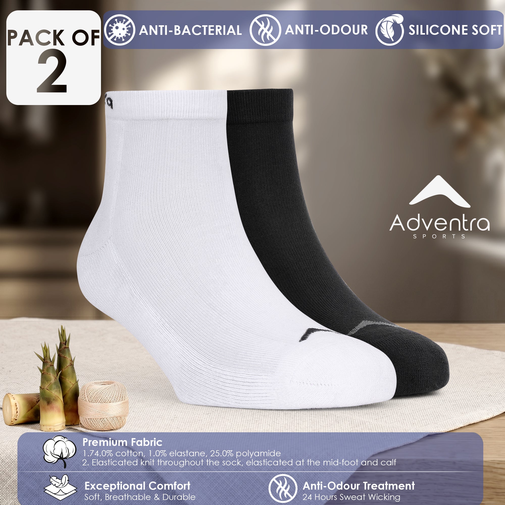 Low Ankle Cotton Socks – Pack of 2 (ES500) – Black and White-thumbmail-2