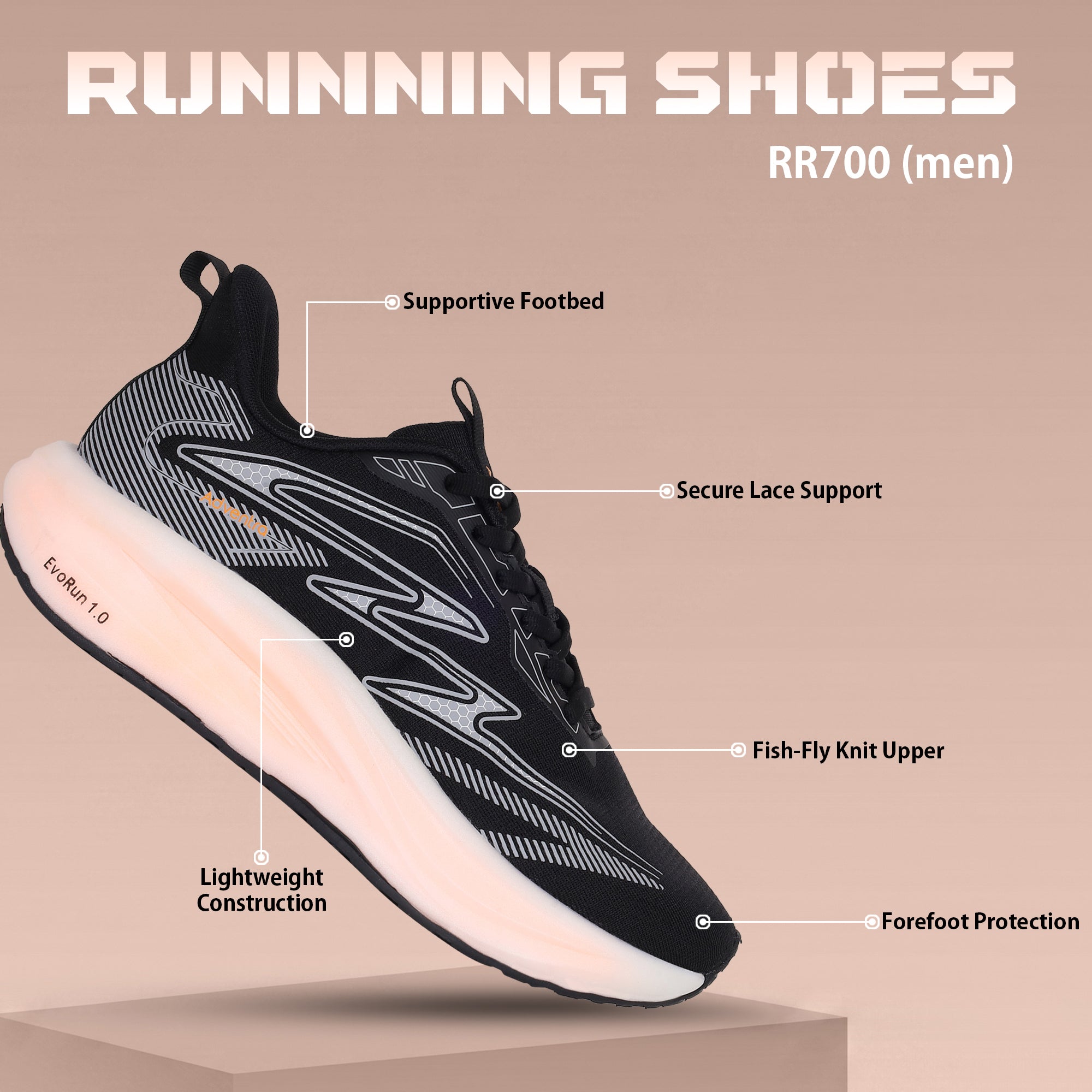 Lightweight Running Shoes for Walking, Sports & Gym (RR700) – Black-thumbmail-2
