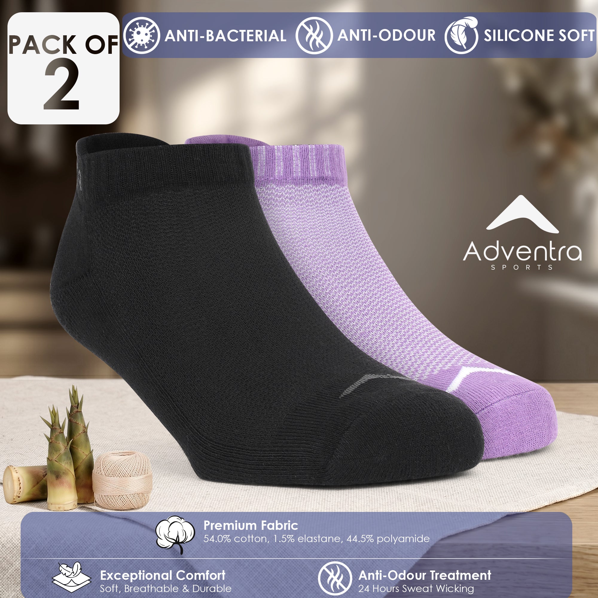 Adventra Women Low Ankle Cotton Socks - 2 Pairs | Unisex | ES300 | Purple-Black-thumbmail-3