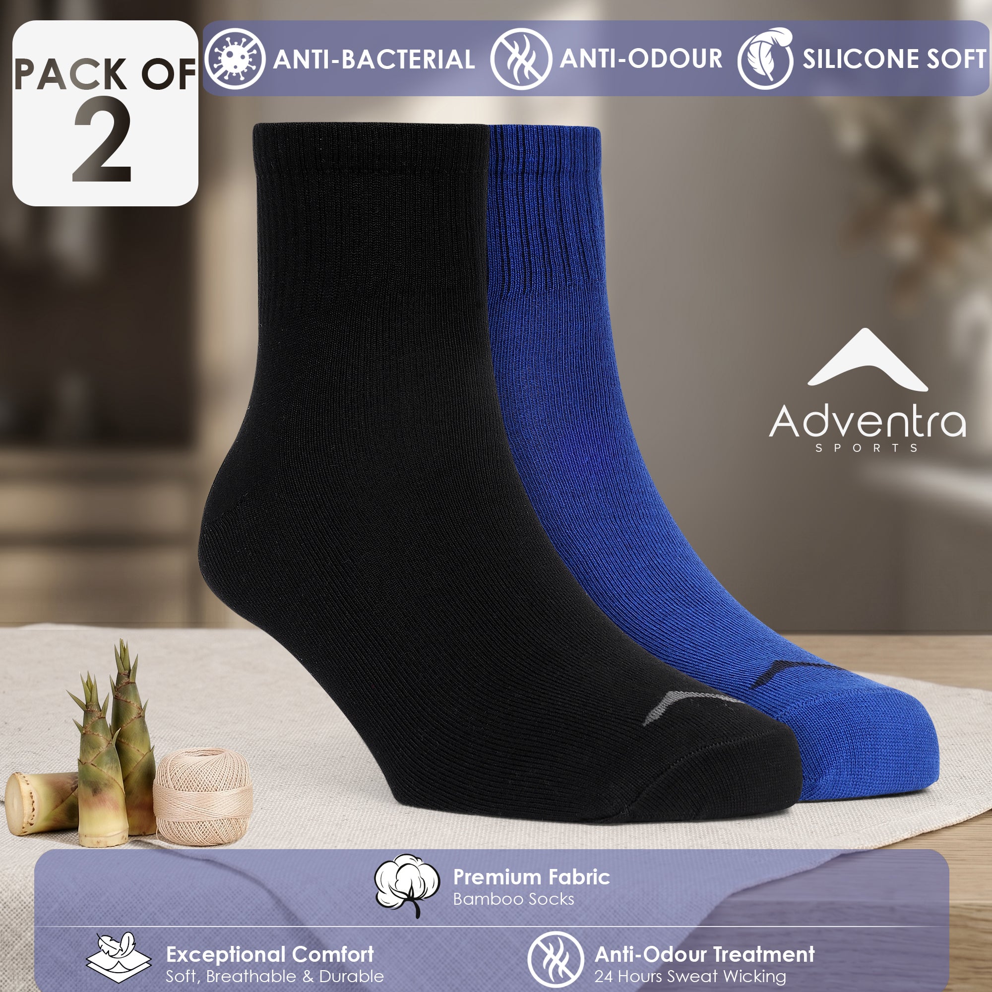 Mid Ankle Socks - Pack of 2 (BS500) - Blue-Black-thumbmail-2