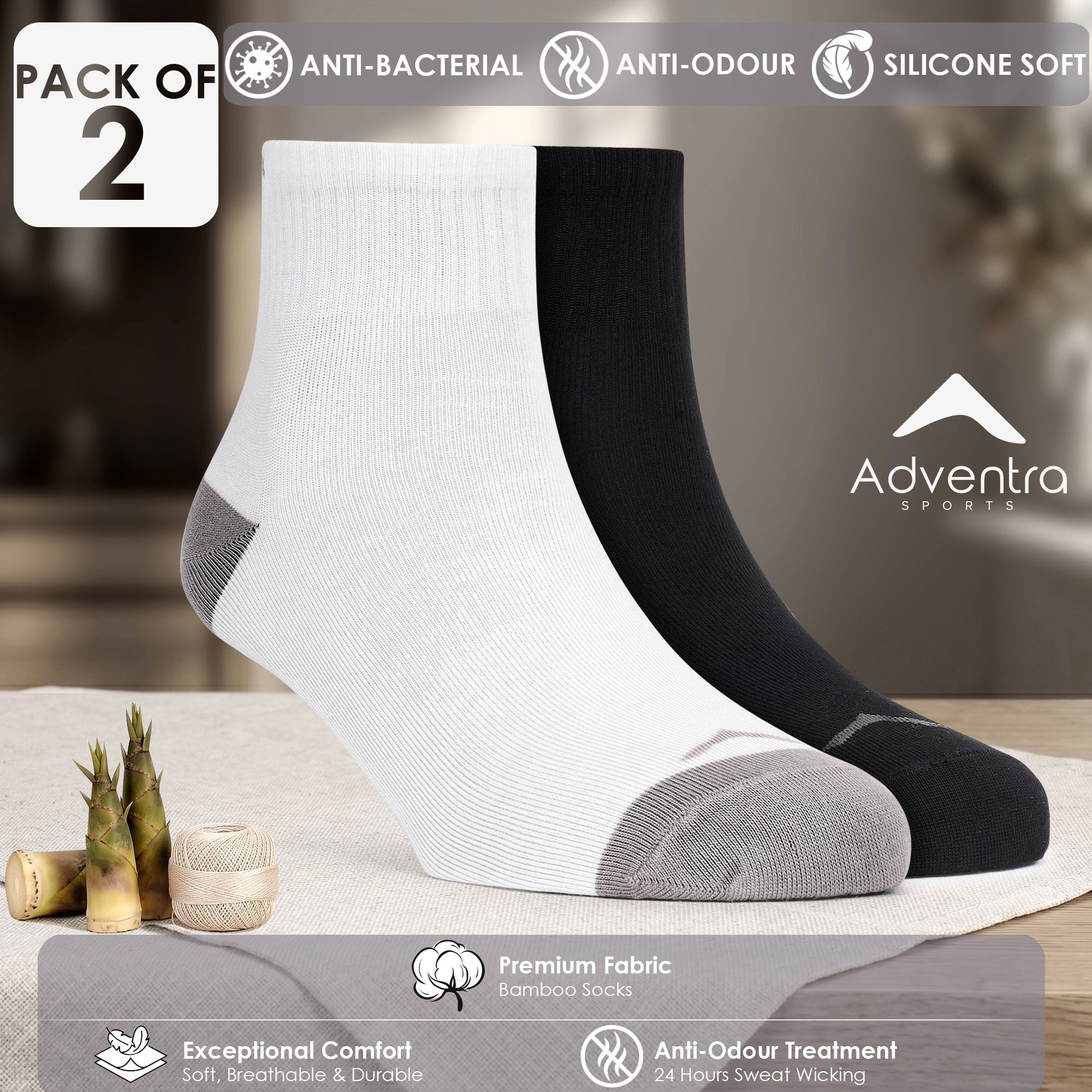 Mid Ankle Socks - Pack of 2 (BS500) -White-Black-thumbmail-2