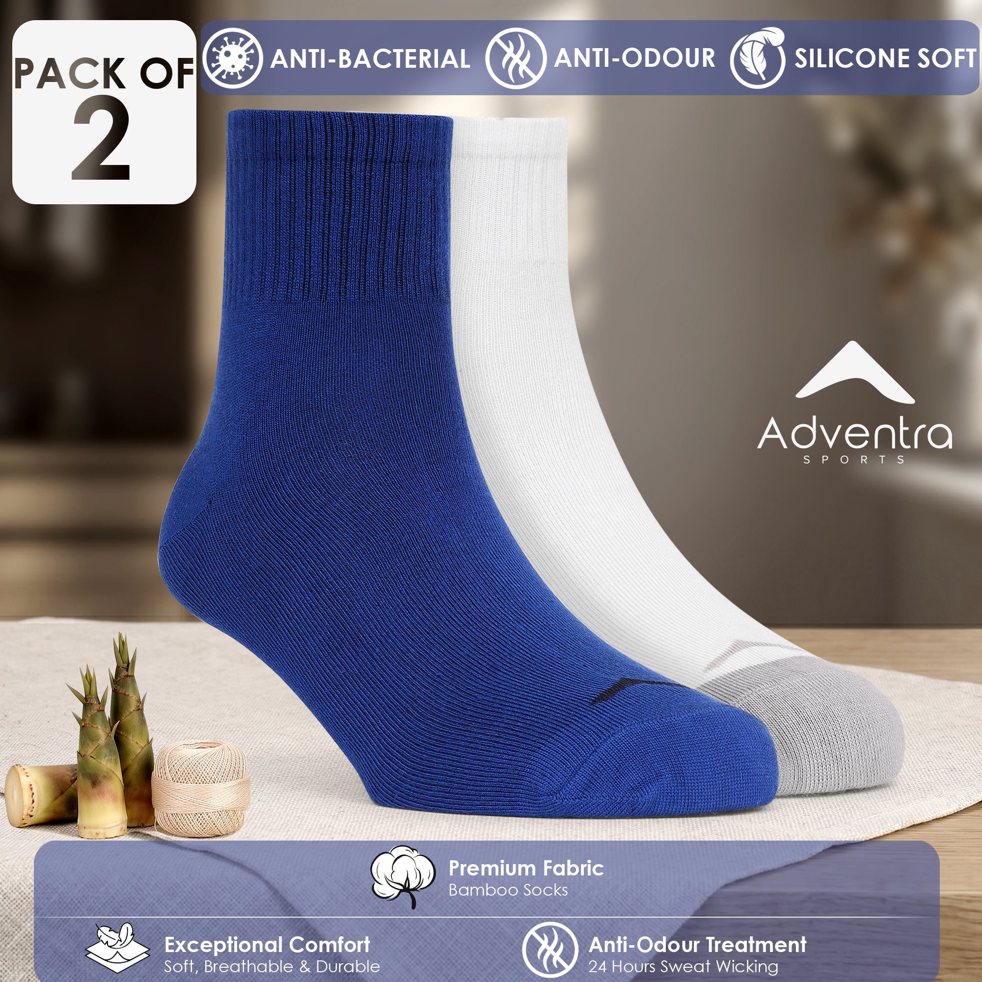 Mid Ankle Socks - Pack of 2 (BS500) - White - Blue-thumbmail-2
