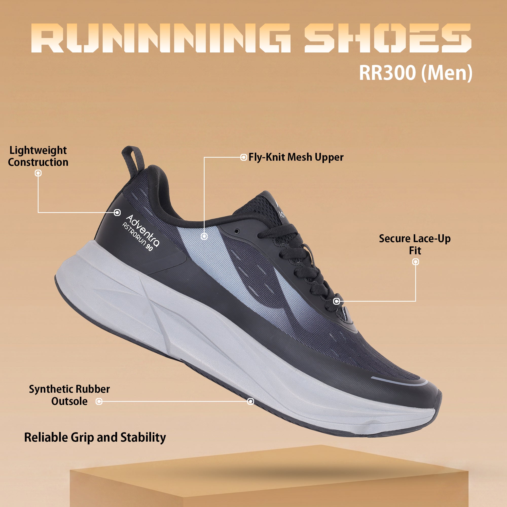 Running Shoes- Lightweight Walking, Sports & Gym Shoes (RR300) – Black-thumbmail-2