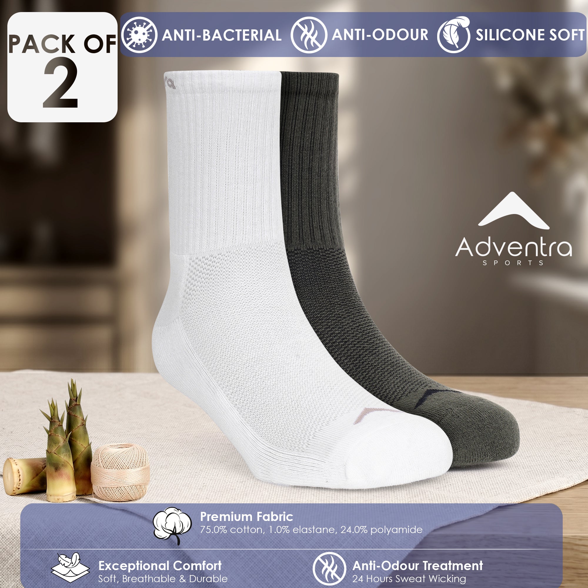 High Ankle Socks - Pack of 2 (ES500) - Olive and White-thumbmail-2