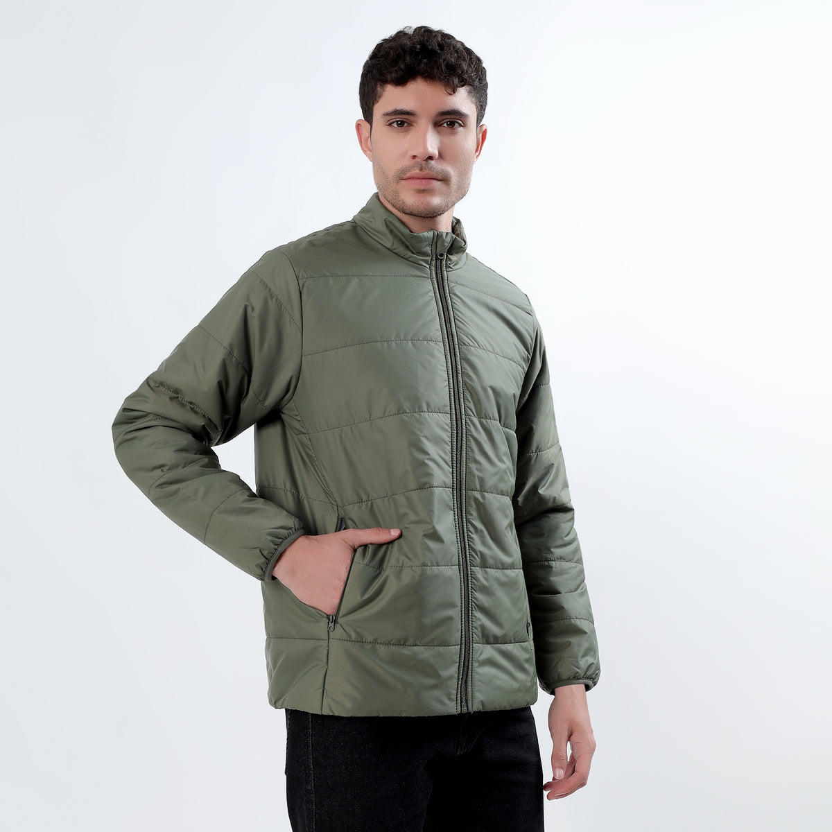 Men's Basic Winter Puffer Jacket – Water Repellent, Quilted - WH100 (Olive)-thumbmail-9