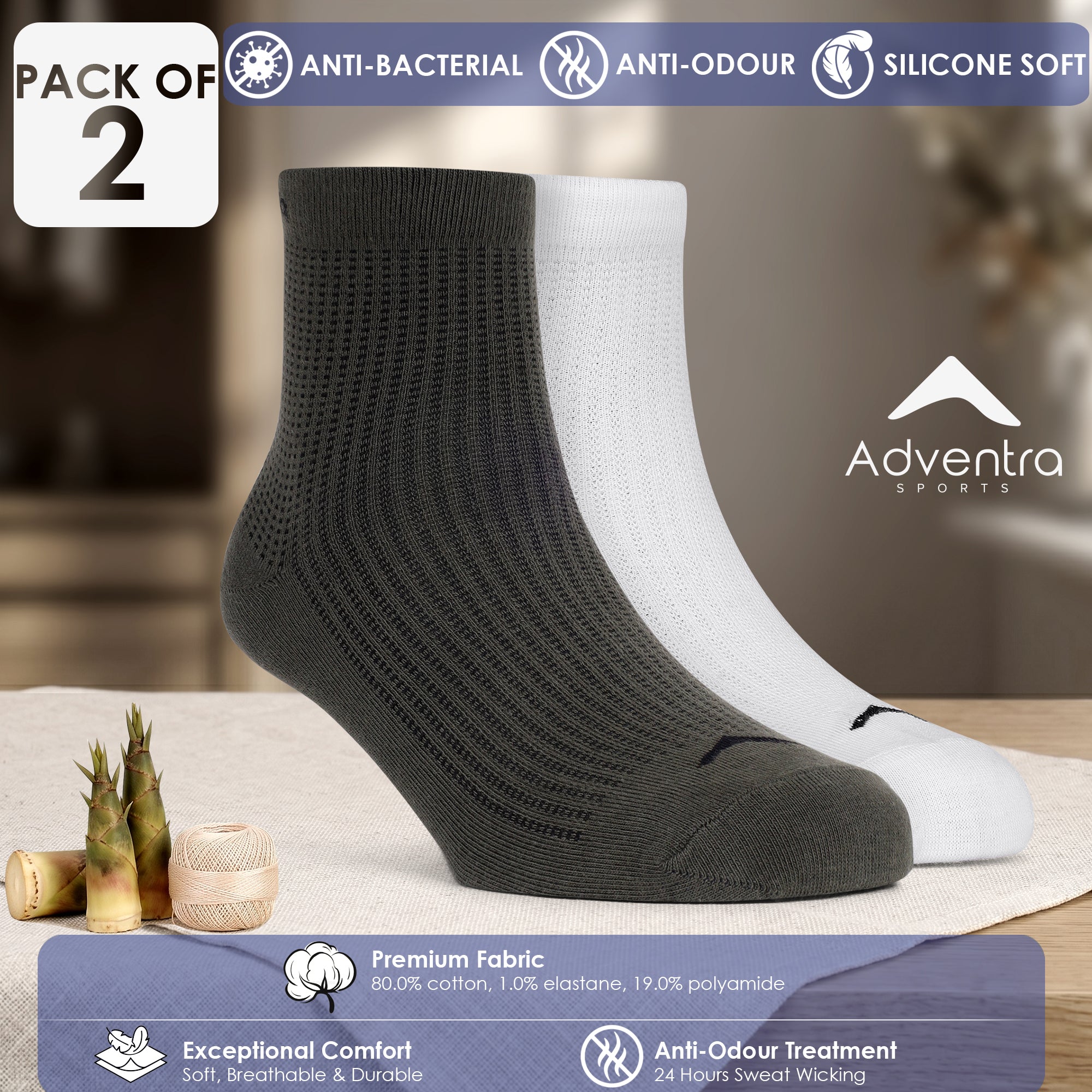 Mid Ankle Cotton Socks – Pack of 2 (ES700) – Olive and White-thumbmail-2