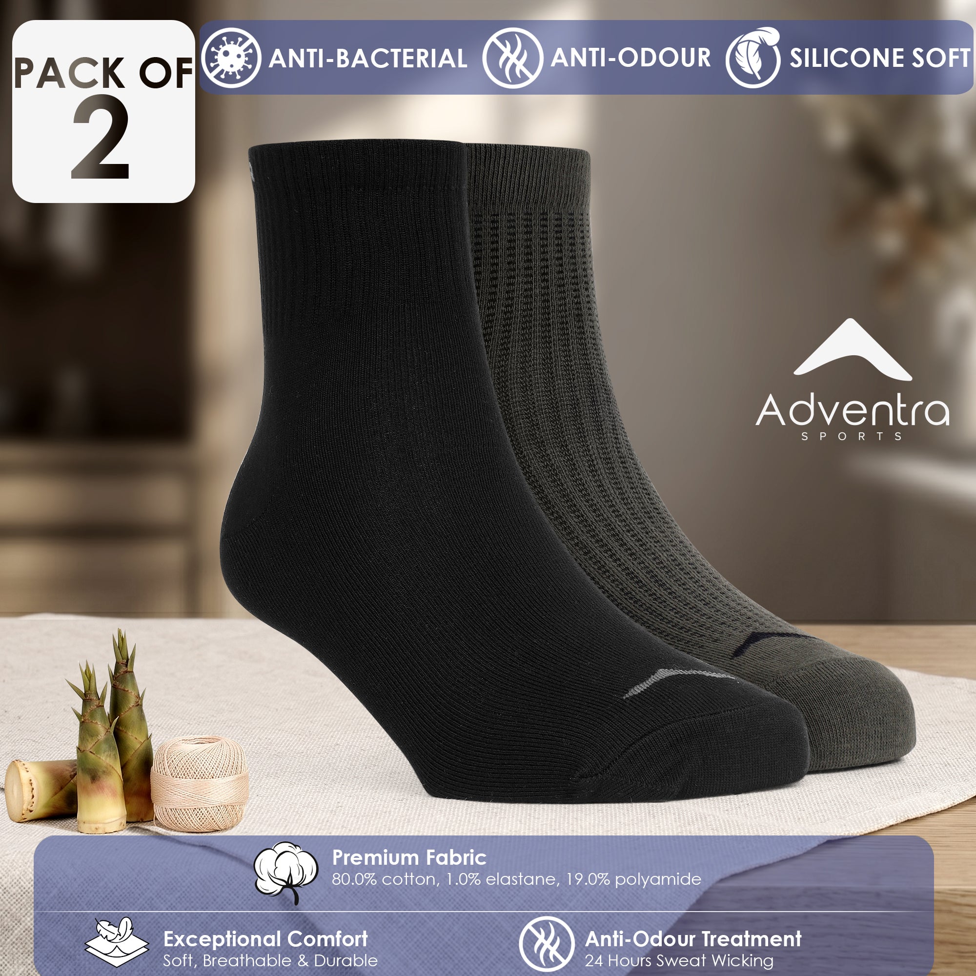Mid Ankle Cotton Socks – Pack of 2 (ES700) – Olive and Black-thumbmail-2