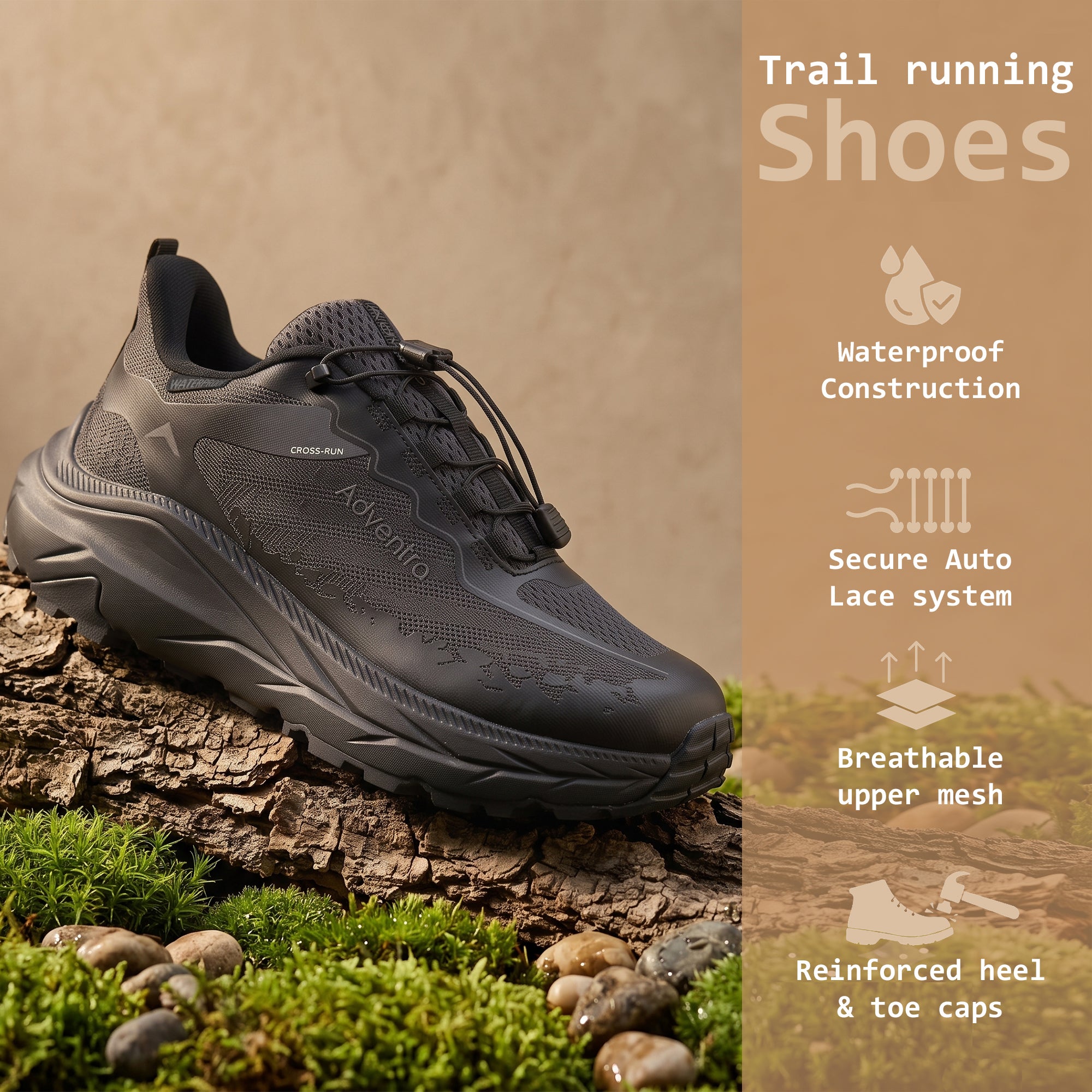 Waterproof Trail Running Ultra Grip Shoes, Quick-Lace (TR2014) – Full Black-thumbmail-3