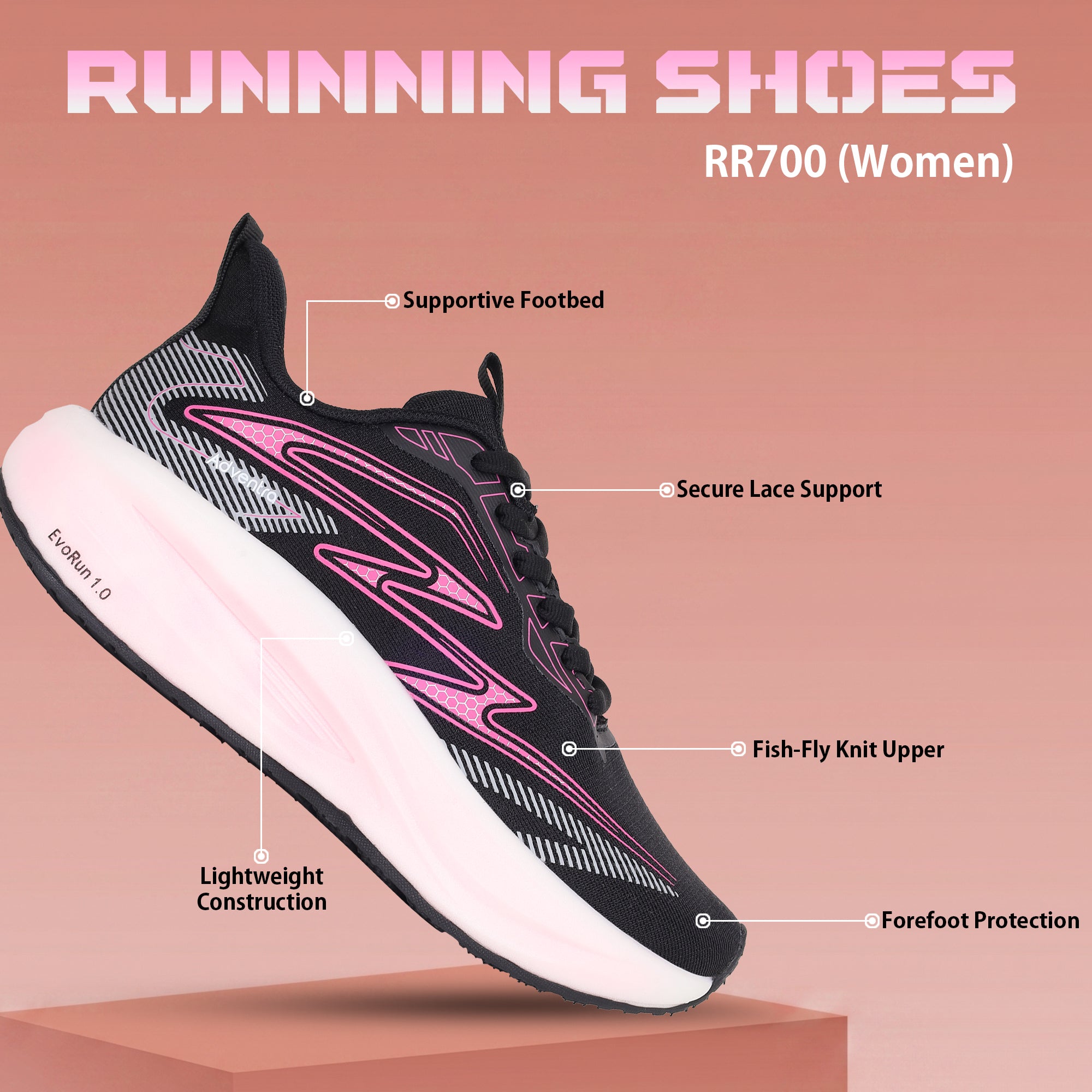 Lightweight Running Shoes for Women - Walking, Sports & Gym (RR700) – Black-Pink-thumbmail-2