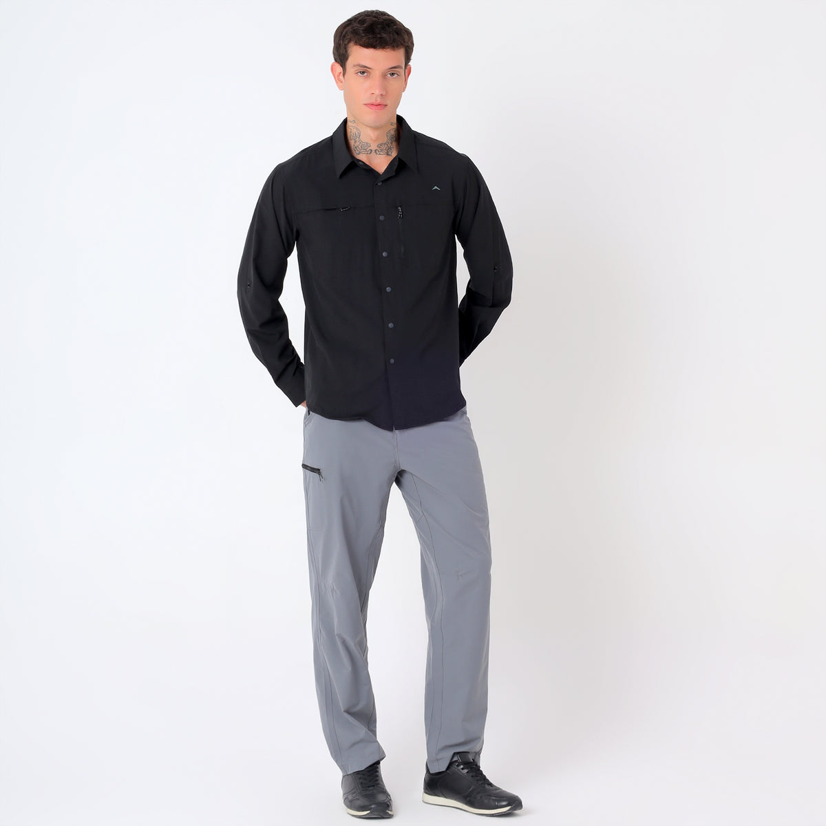 Men's 4-Way Stretch Travel Shirt | Lightweight Full Sleeve Outdoor Shirt for Hiking, Trekking & Travel | EV500 Black-thumbmail-7
