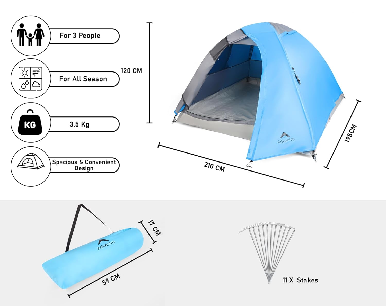 3-Person Camping Tent with UV Protection & Waterproof Flysheet (ET1100) Aqua Blue-thumbmail-2
