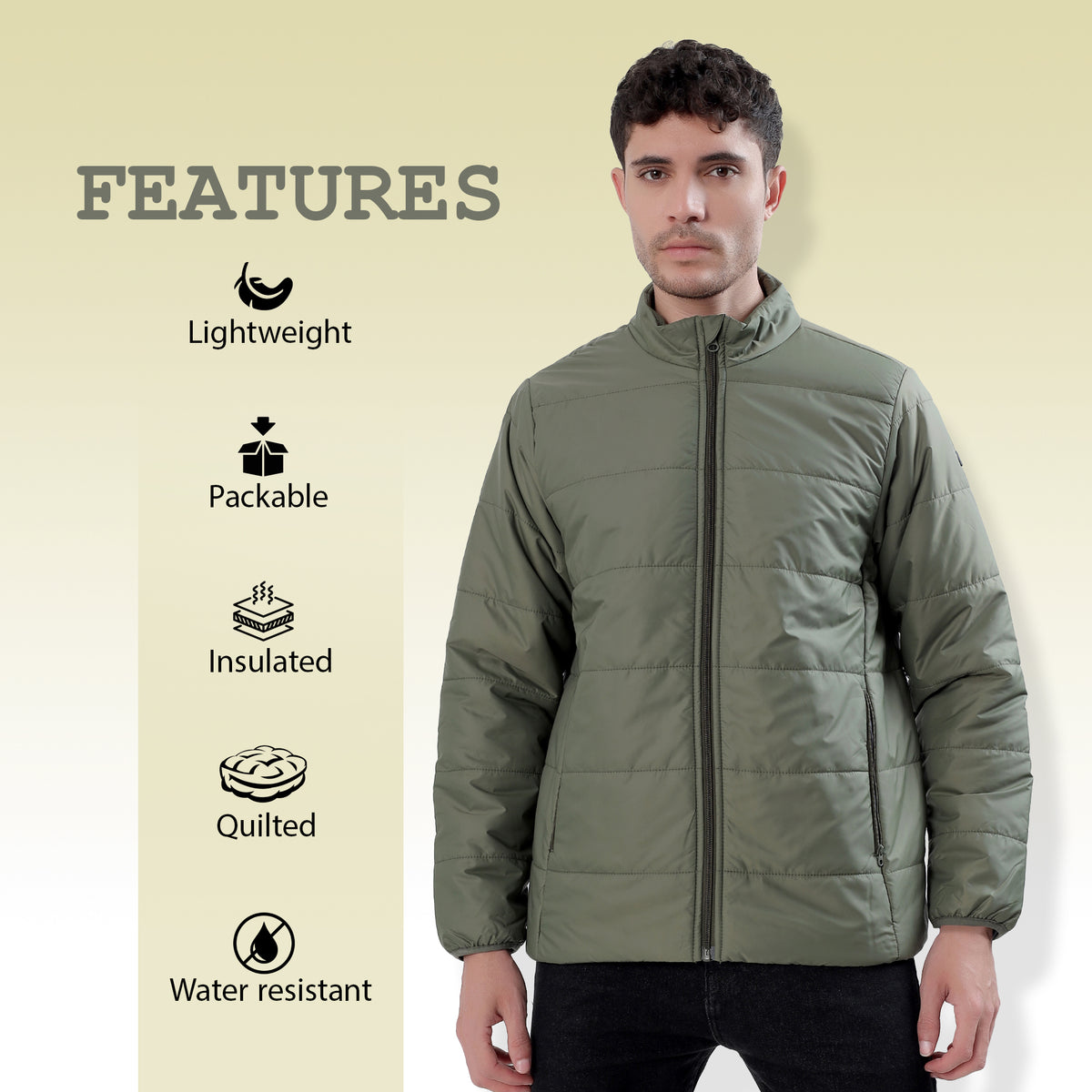 Men's Basic Winter Puffer Jacket – Water Repellent, Quilted - WH100 (Olive)-thumbmail-3