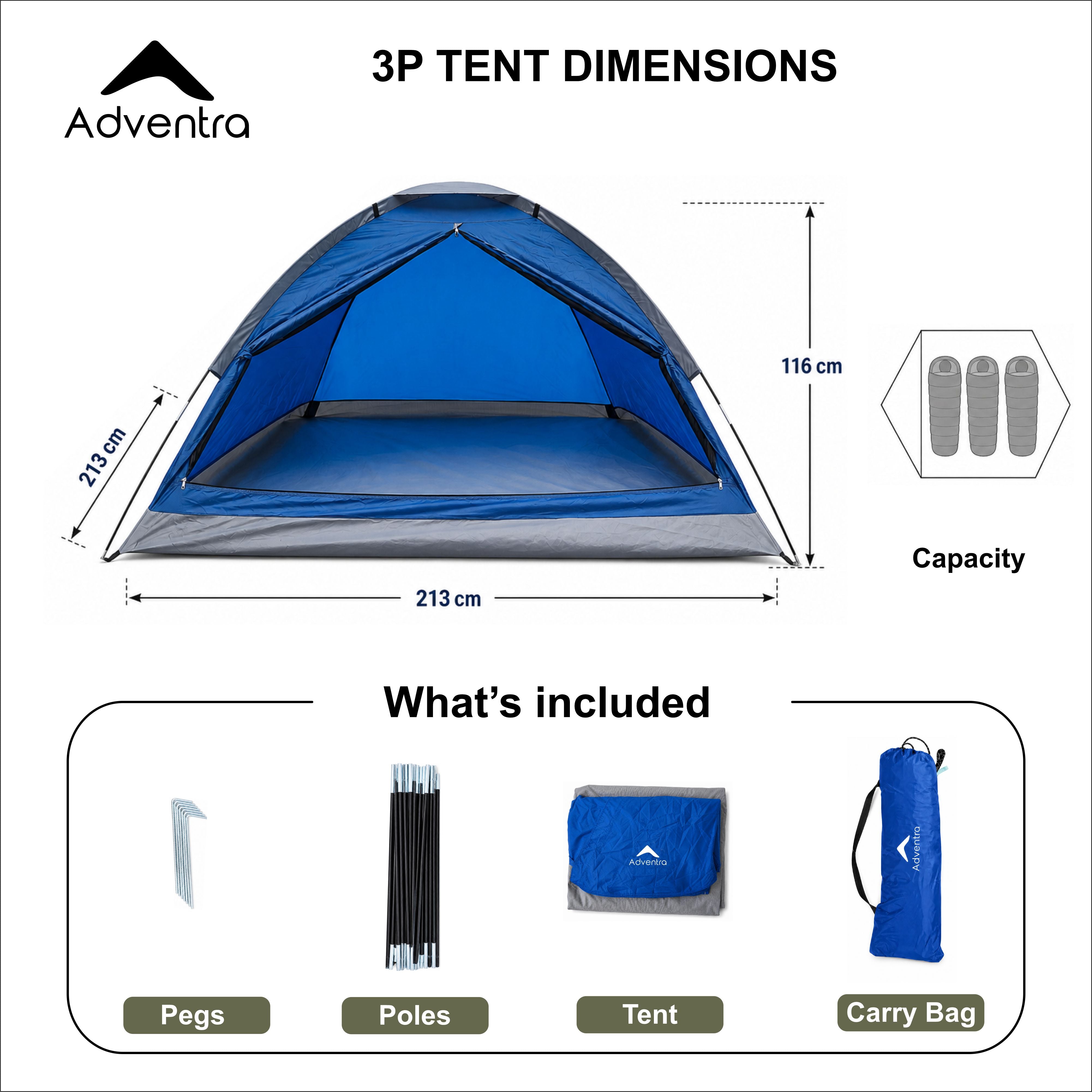 Adventra 3 Person Camping Tent | Water Resistant |UV Protection|Wind ready |Portable | ET1103 | Navy Blue-thumbmail-4