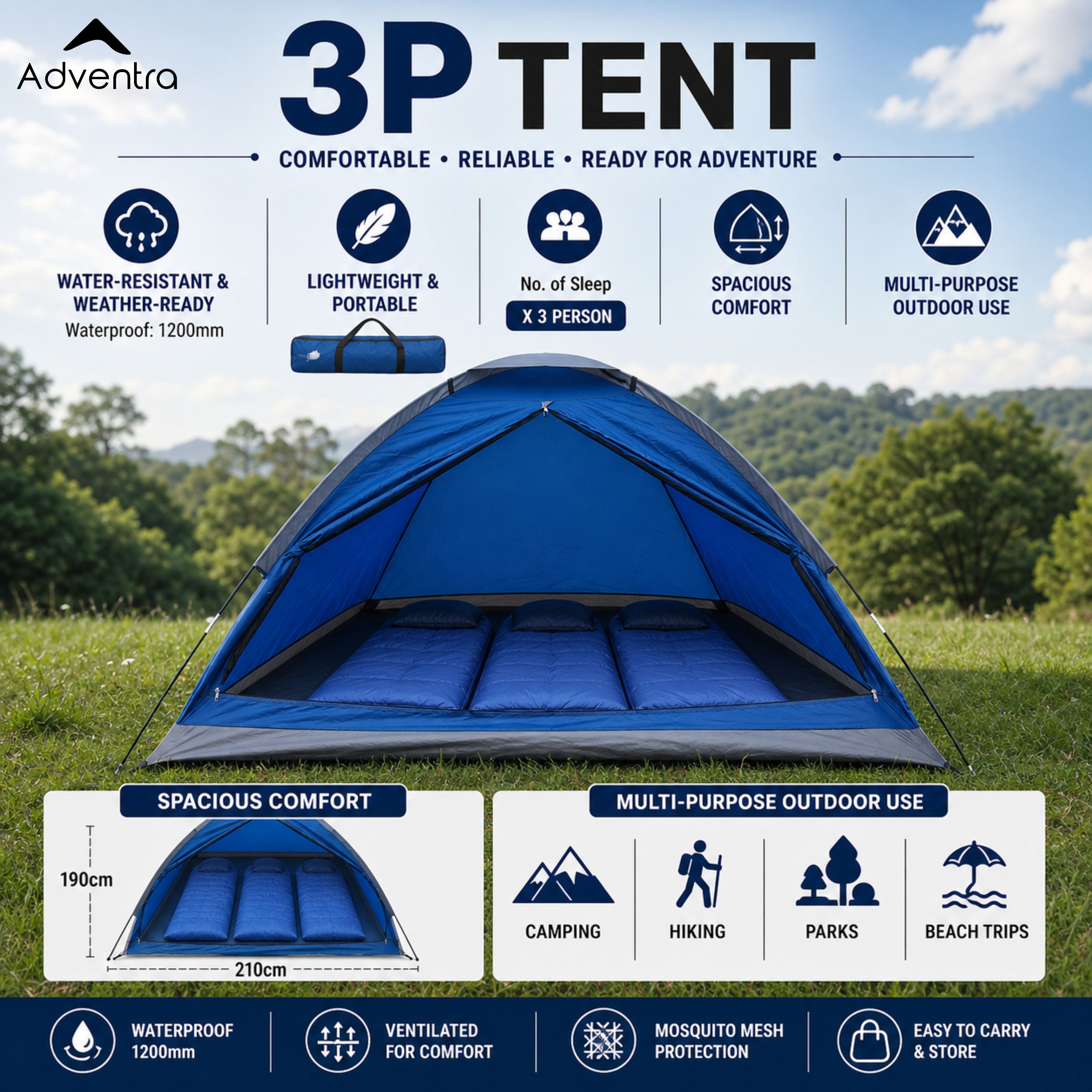 Adventra 3 Person Camping Tent | Water Resistant |UV Protection|Wind ready |Portable | ET1103 | Navy Blue-thumbmail-3