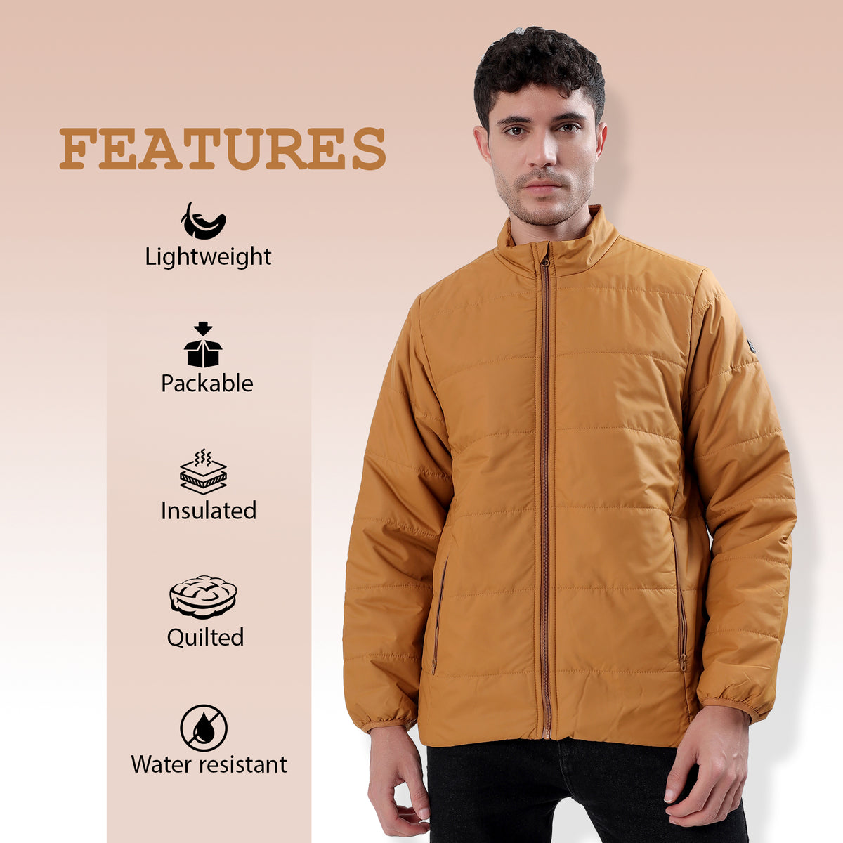 Men's Basic Winter Puffer Jacket – Water Repellent, Quilted - WH100 (Tan)-thumbmail-3