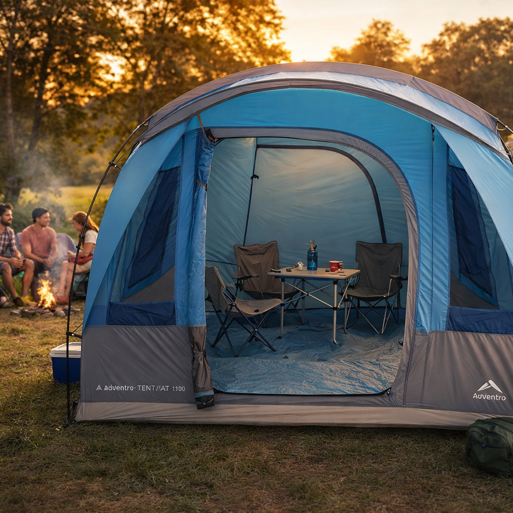 Camping scene with a blue and gray tent, chairs, and a table outdoors.