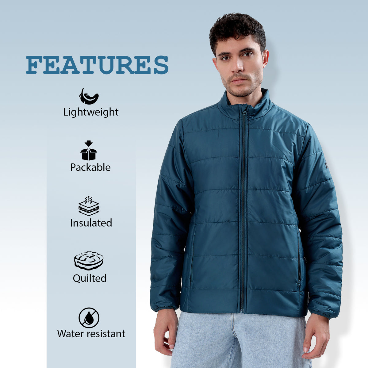 Men's Basic Winter Puffer Jacket – Water Repellent, Quilted - WH100 (Gracial Teal)-thumbmail-3