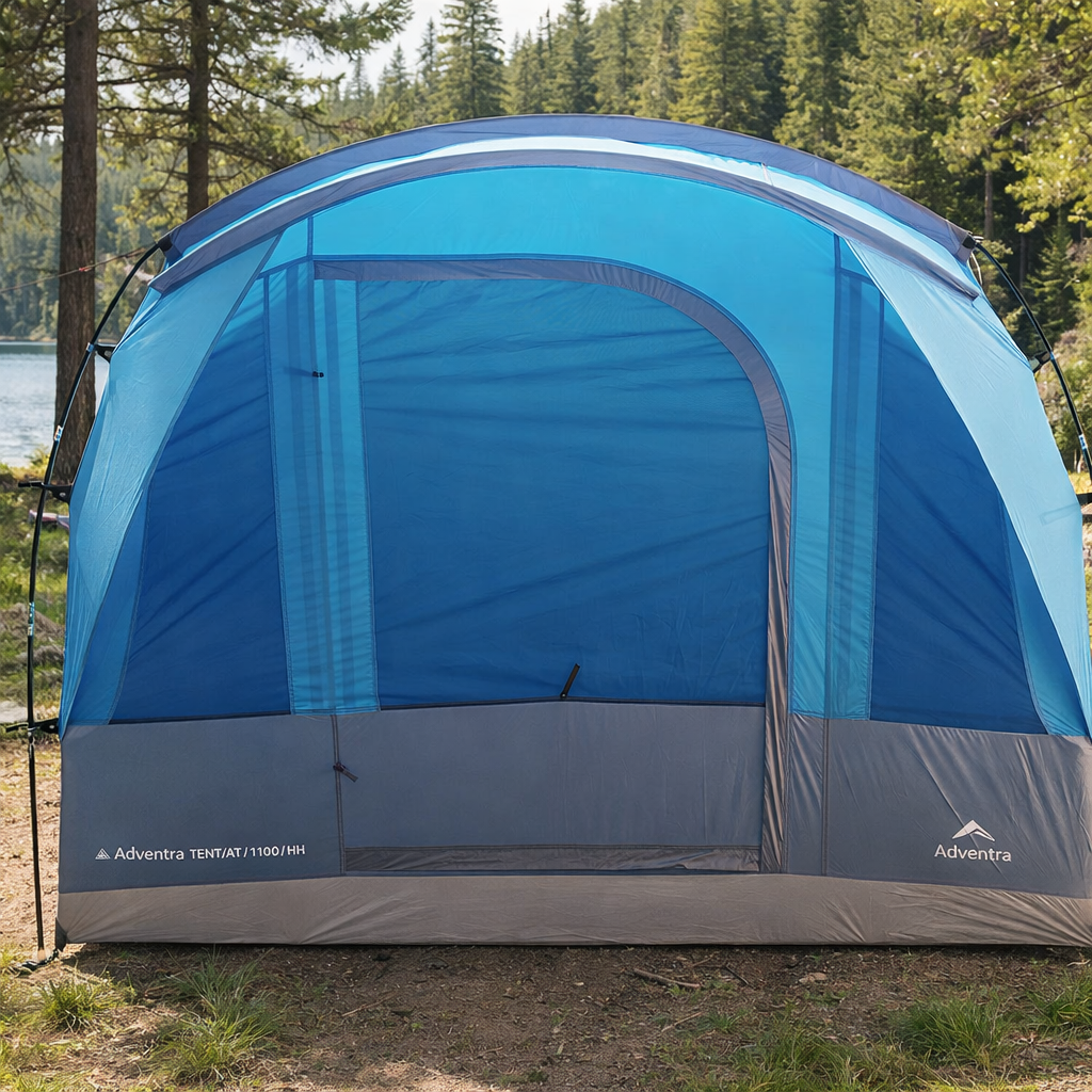 Blue camping tent with mesh door in a natural setting