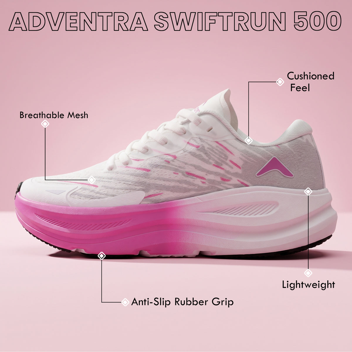 Women's Lightweight Running Sports Shoes | Walking & Gym | (RR500) White - Pink-thumbmail-3