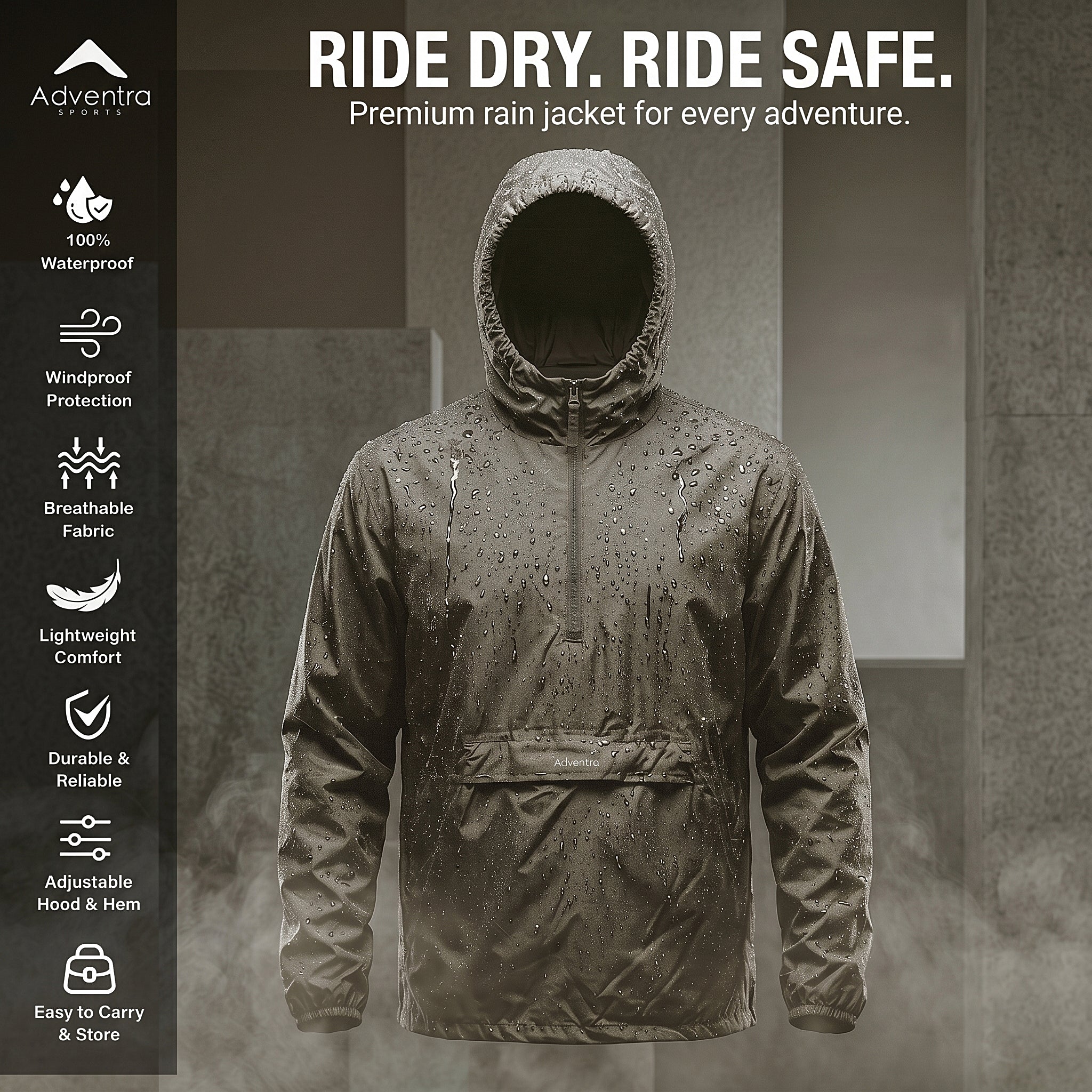Rain Jacket with pouch, Half zip rain coat, Lightweight, Waterproof | RJ100 | Olive-thumbmail-2