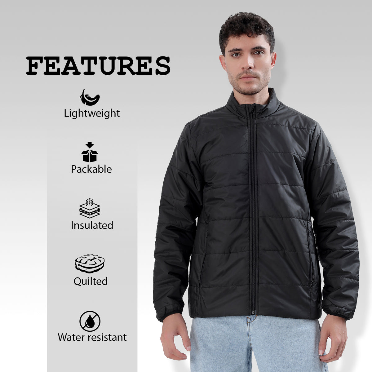 Men's Basic Winter Puffer Jacket – Water Repellent, Quilted - WH100 (Black)-thumbmail-3