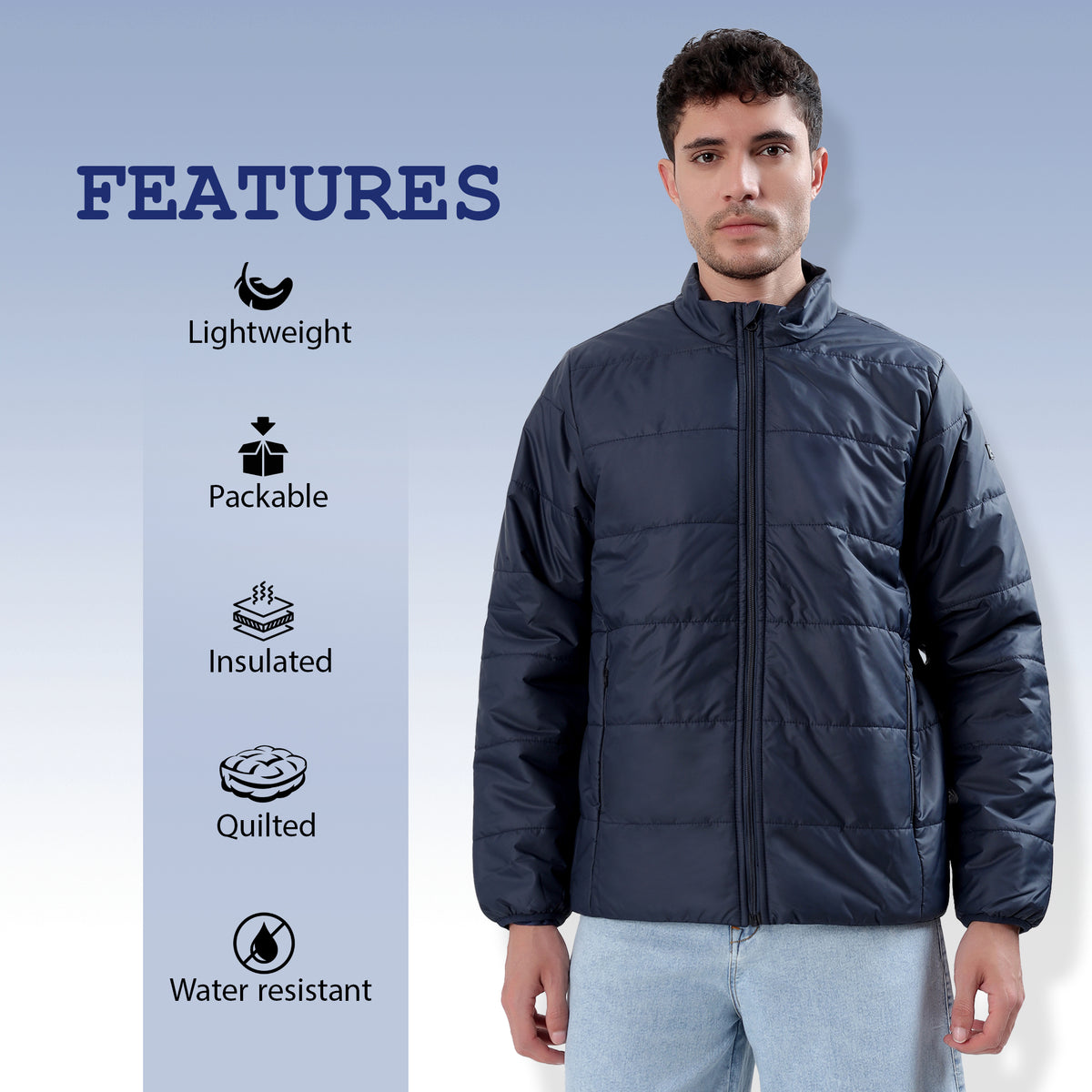 Men's Basic Winter Puffer Jacket – Water Repellent, Quilted - WH100 (Navy Blue)-thumbmail-3