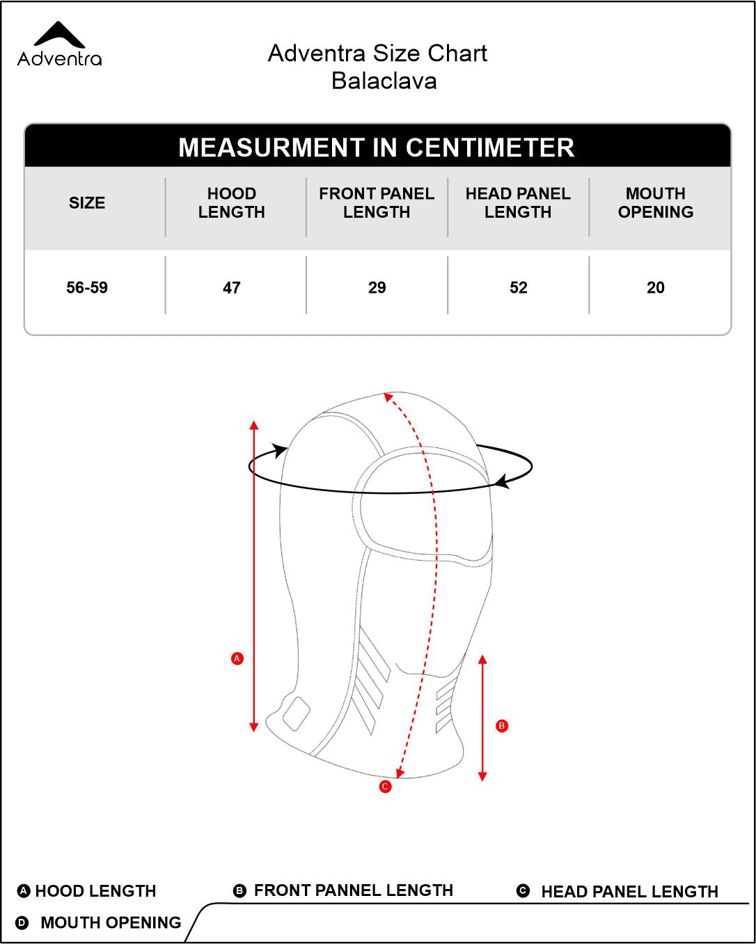 Lightweight Fleece Balaclava (EH500) Black Size Chart